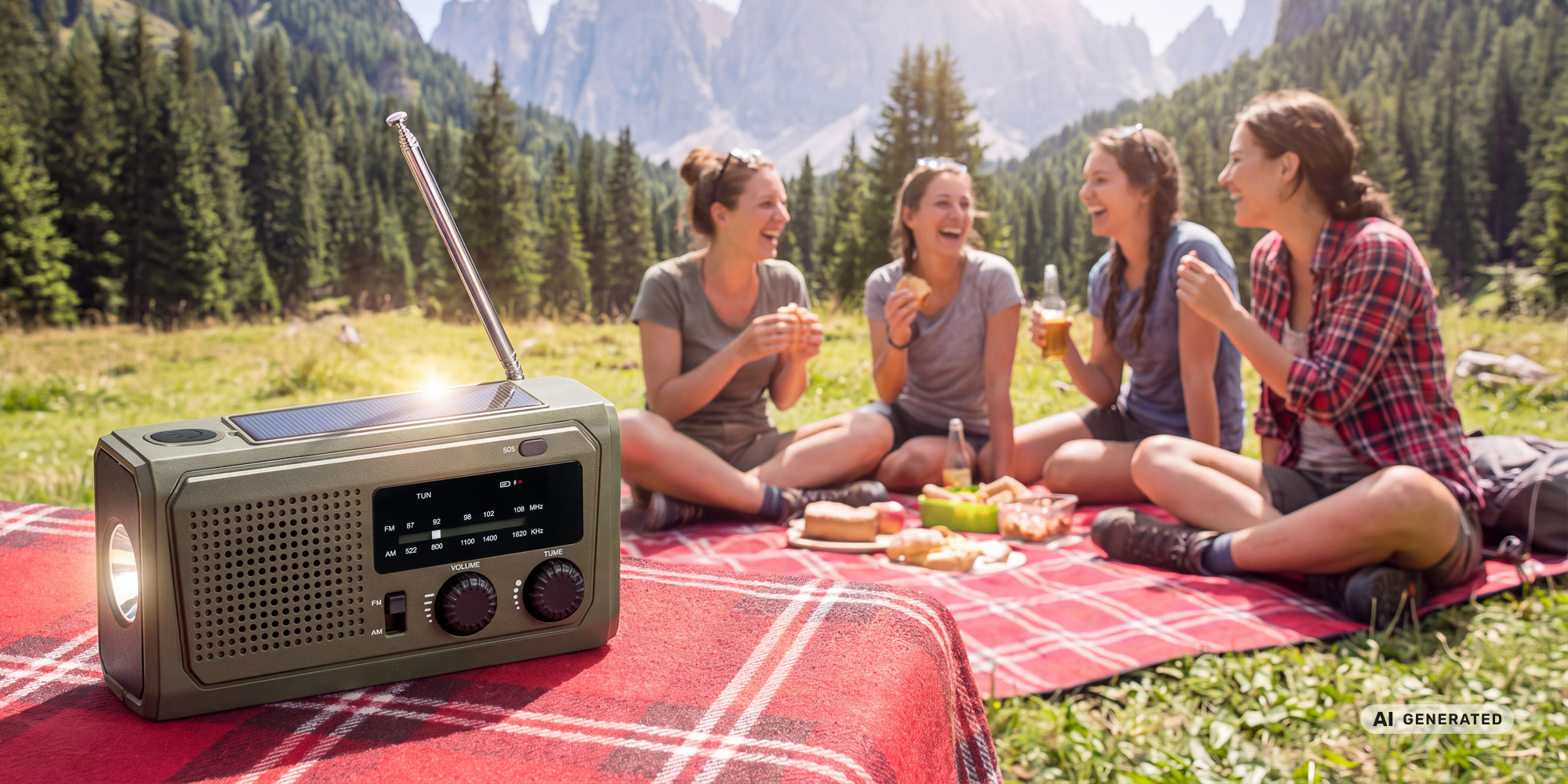 Radio przenośne Redleaf Nomad RF02 4500 mAh - zielone na kocu. W tle kobiety w trakcie pikniku i góry.