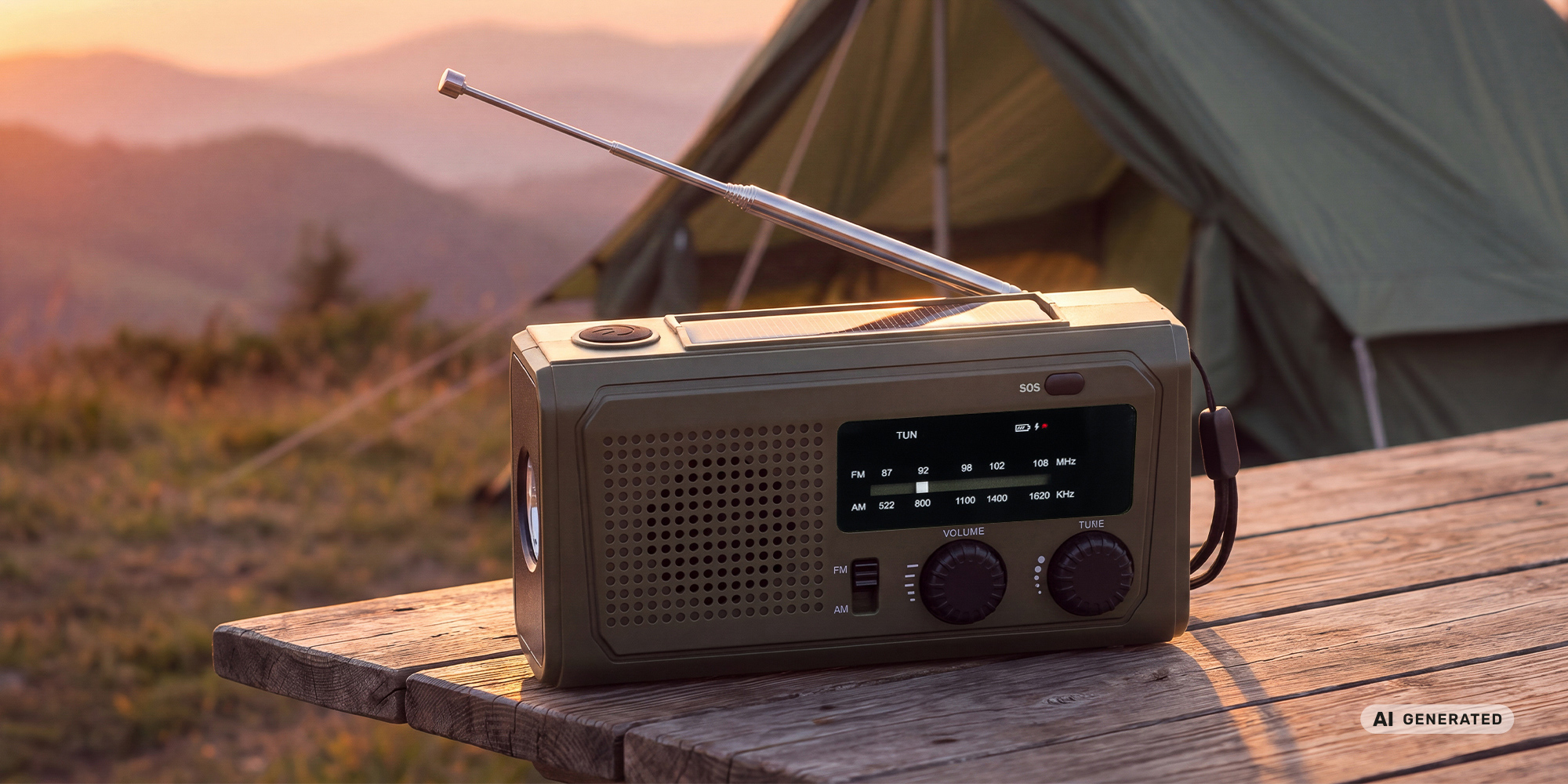 Radio przenośne Redleaf Nomad RF02 4500 mAh - zielone stojące na zielonym stole. W tle rozbity namiot i góry.