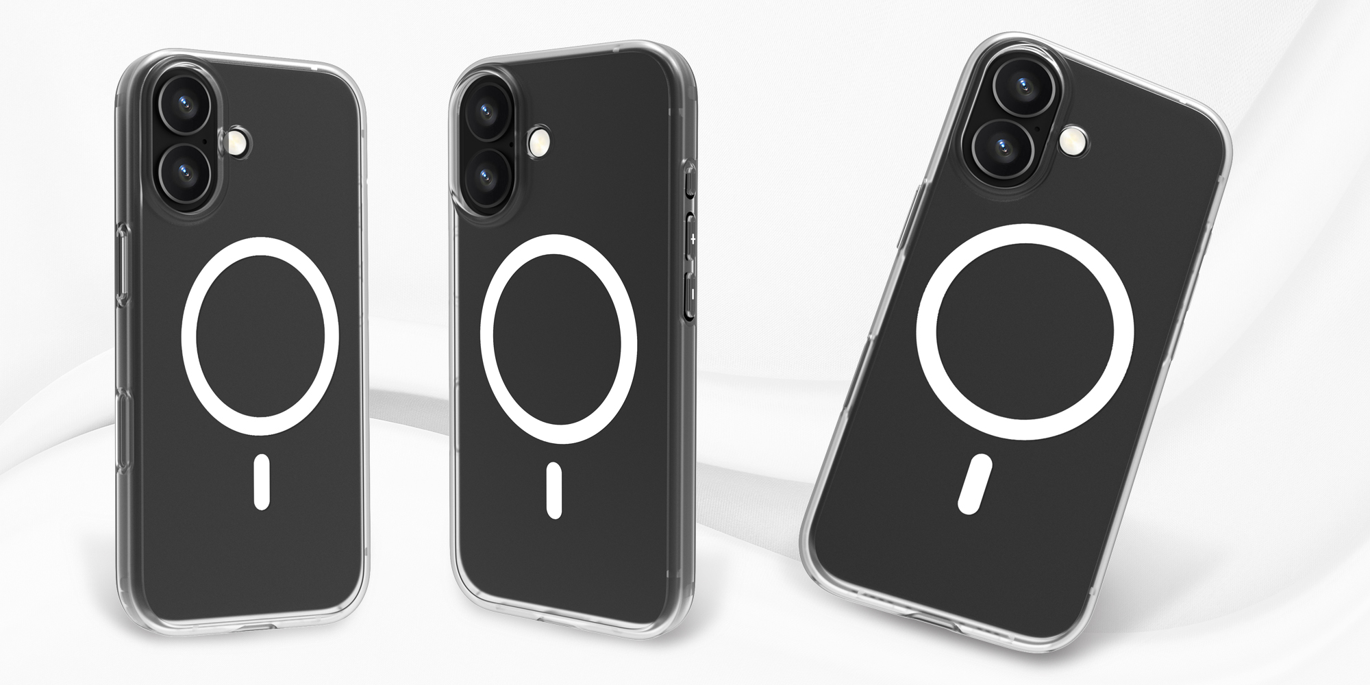 width=100% Etui Roobix Clarion MagSafe do iPhone 17 - przezroczyste założone na 3 takie same smartfony