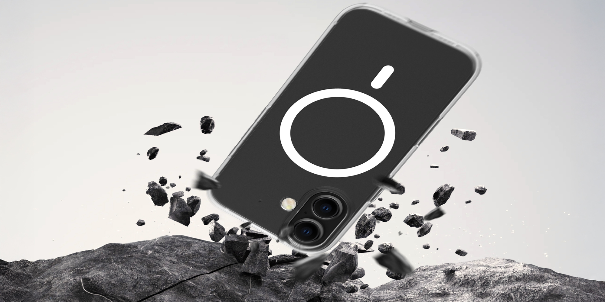 width=100% Etui Roobix Clarion MagSafe do iPhone 17 - przezroczyste założone na smartfon który właśnie upada