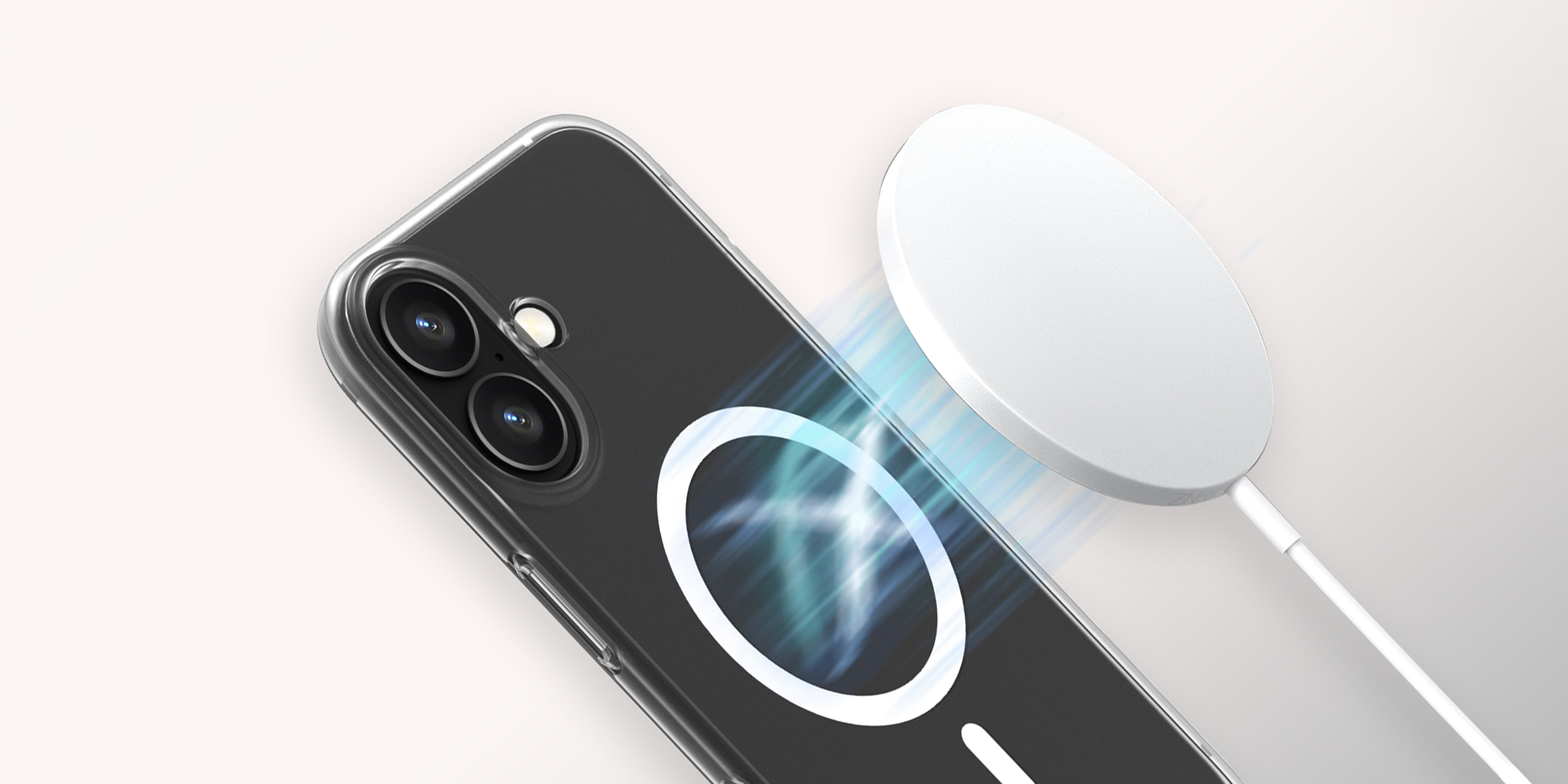 width=100% Etui Roobix Clarion MagSafe do iPhone 17 założone na smartfon do którego zbliża się ładowarka MagSafe