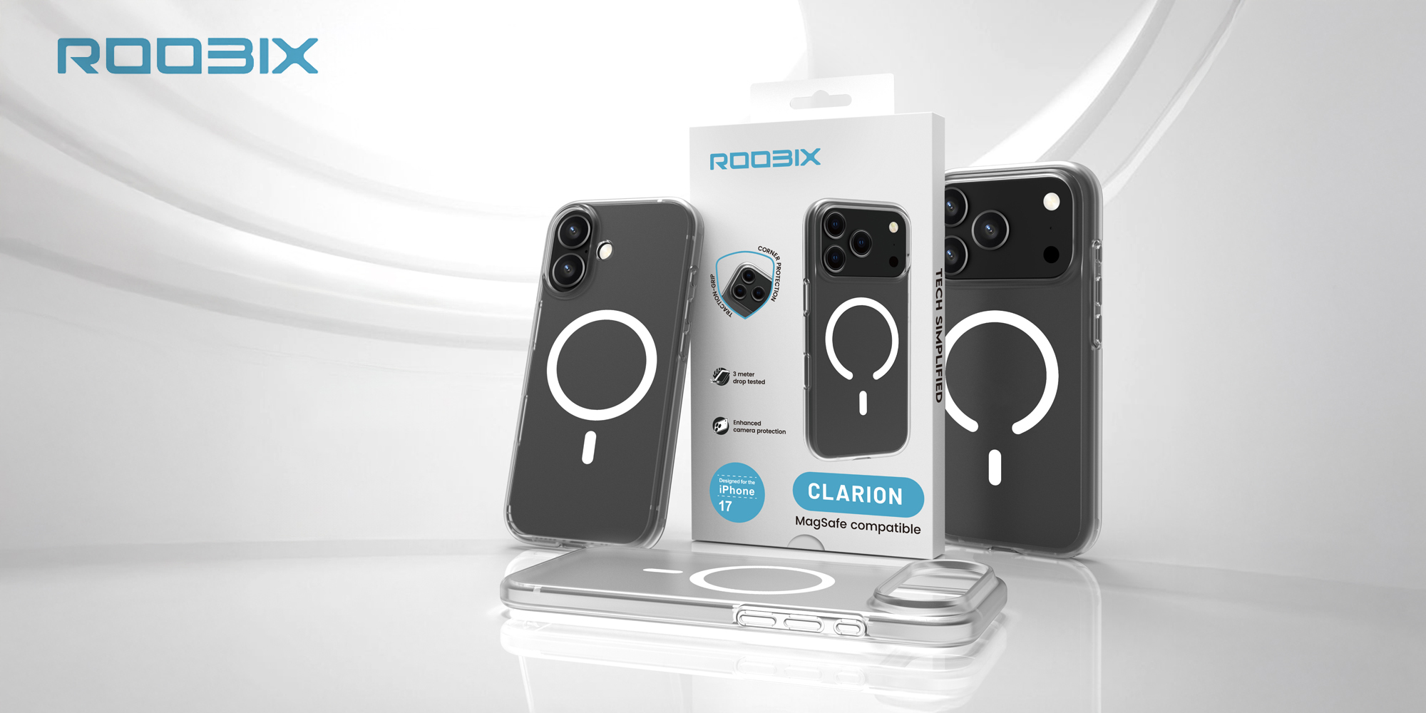 width=100% Etui Roobix Clarion MagSafe do iPhone 17 Air - przezroczyste obok smartfonów i opakowania