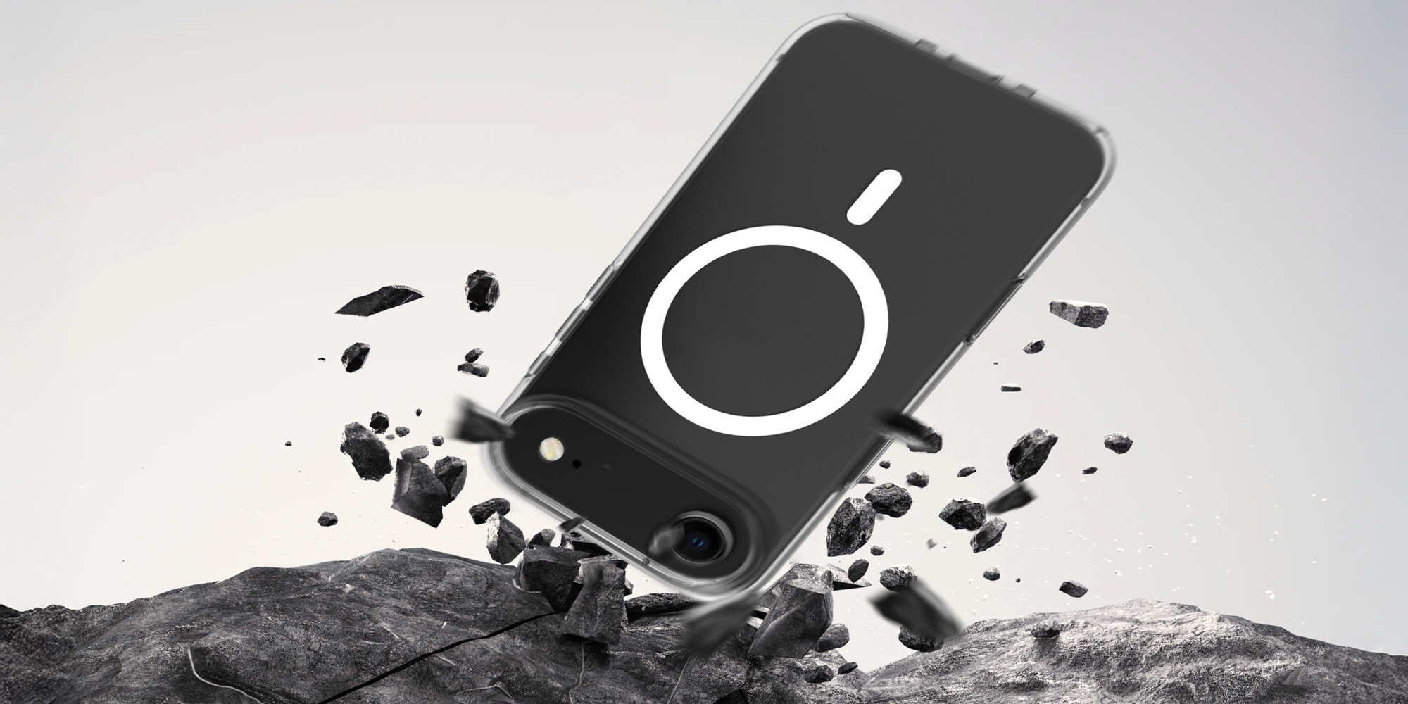 width=100% Etui Roobix Clarion MagSafe do iPhone 17 Air - przezroczyste na smartfonie podczas upadku