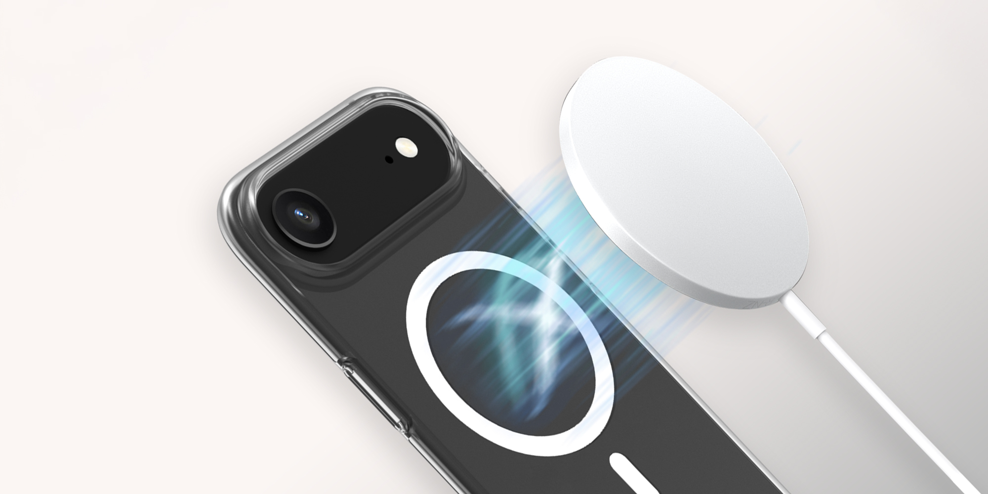 width=100% Etui Roobix Clarion MagSafe do iPhone 17 Air - przezroczyste założone na smartfon obok ładowarki MagSafe