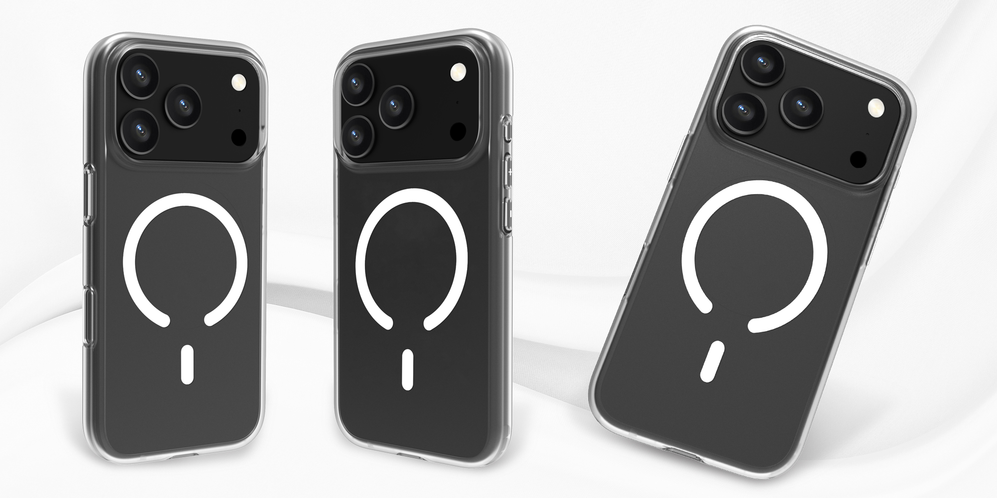 width=100% Etui Roobix Clarion MagSafe do iPhone 17 Pro - przezroczyste założone na 3 smartfony