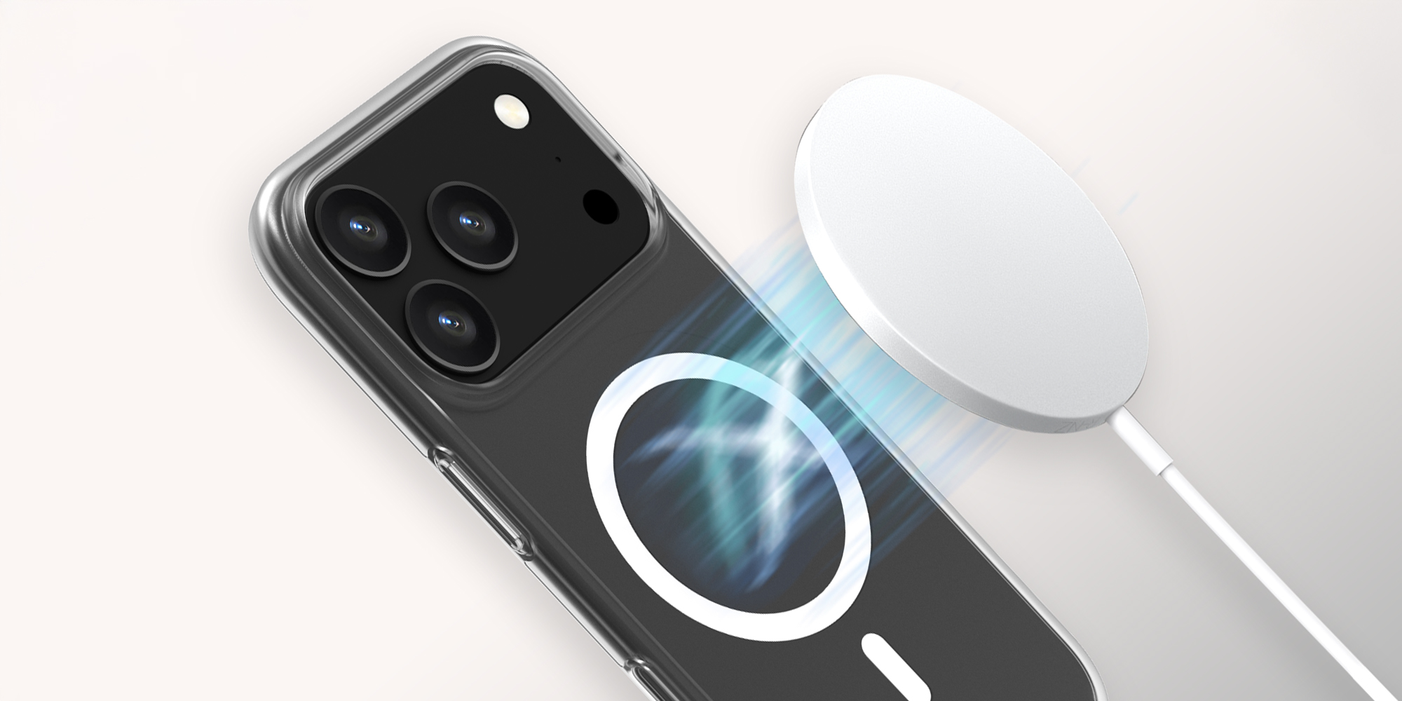 width=100% Etui Roobix Clarion MagSafe do iPhone 17 Pro - przezroczyste na smartfonie do którego zbliża się ładowarka MagSafe