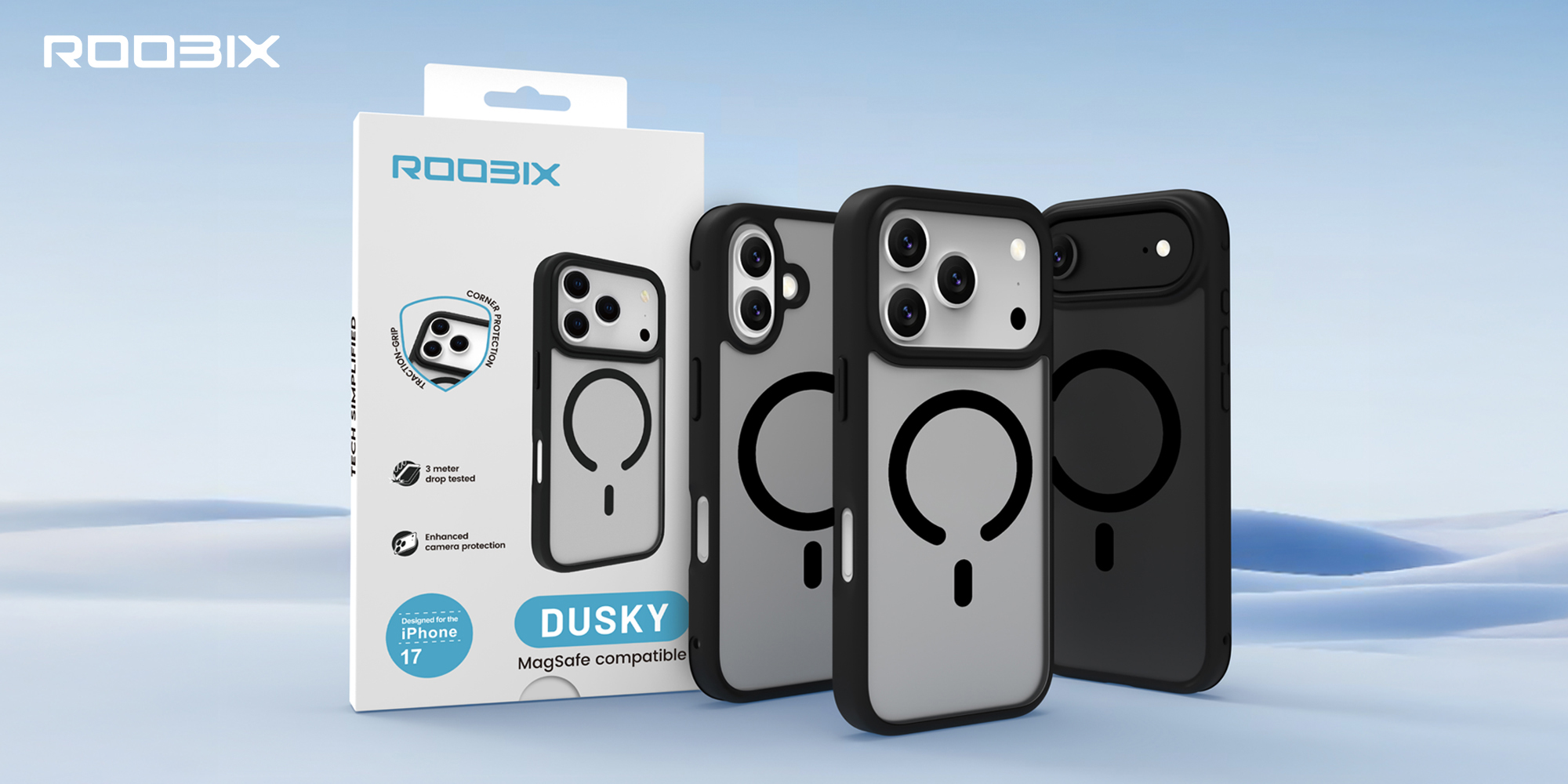 width=100% Etui Roobix Dusky MagSafe do iPhone 17 Pro Max - czarne matowe na smartfonach obok opakowania