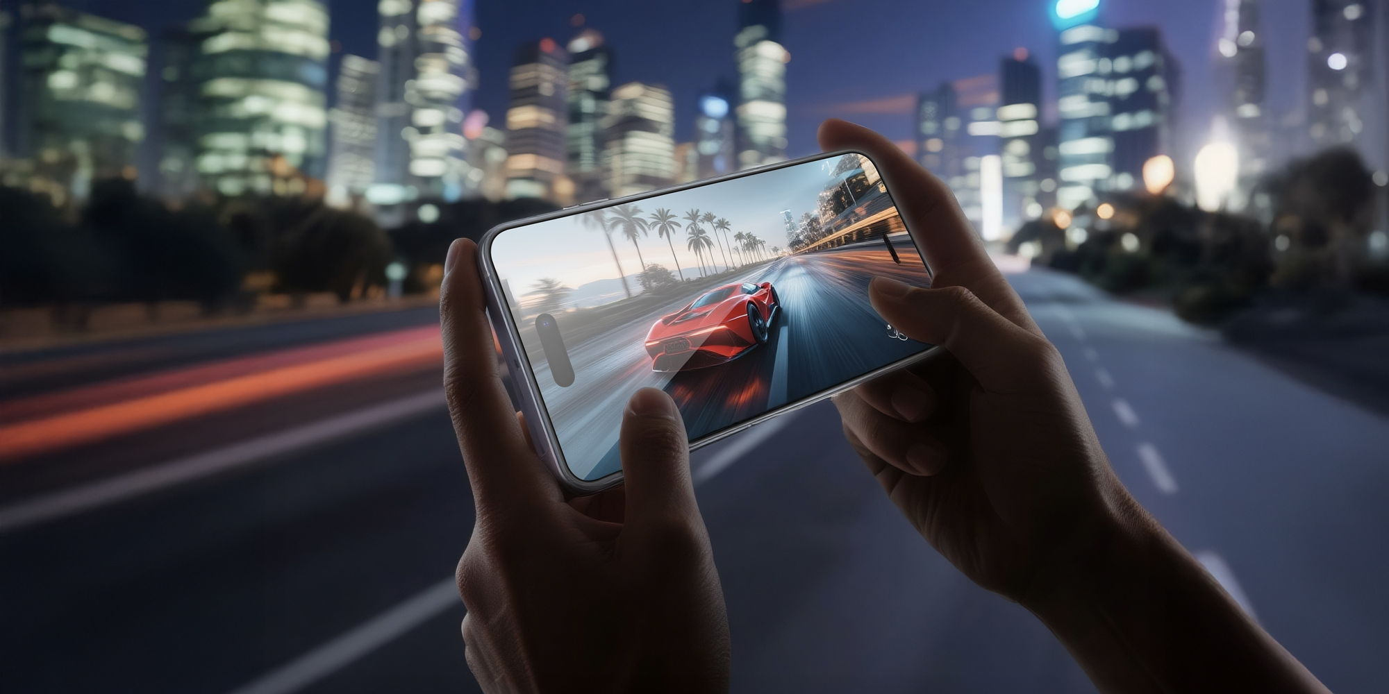 Szkło Roobix Full Cover do iPhone 17 Air 2.5D 0,3mm naklejone na smartfon na którym ktoś gra w grę wyścigową trzymając urządzenie w 2 dłoniach