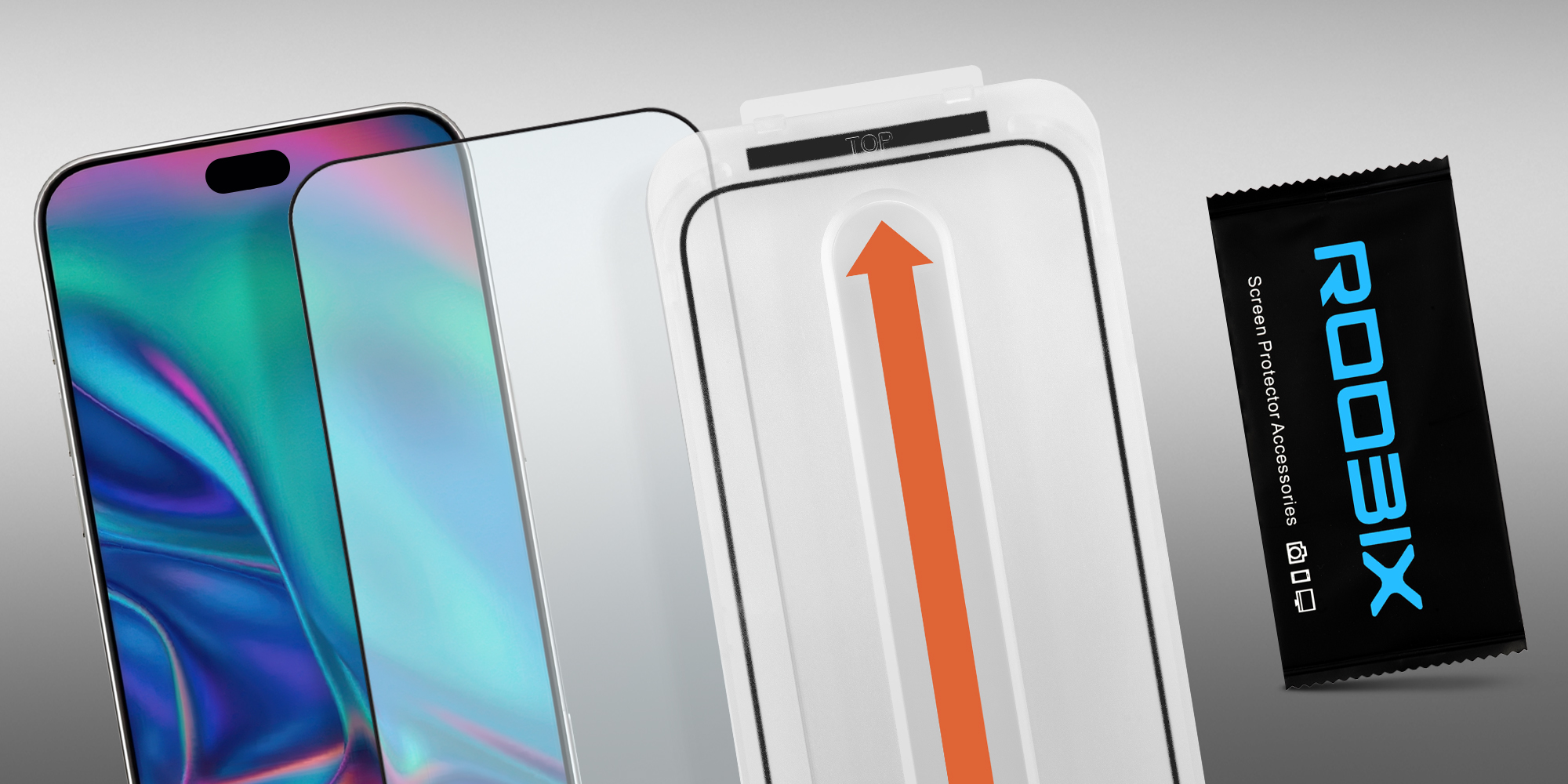 width=100% Szkło Roobix Full Cover do iPhone 17 Pro 2.5D 0,3mm - prezentacja zawartości zestawu