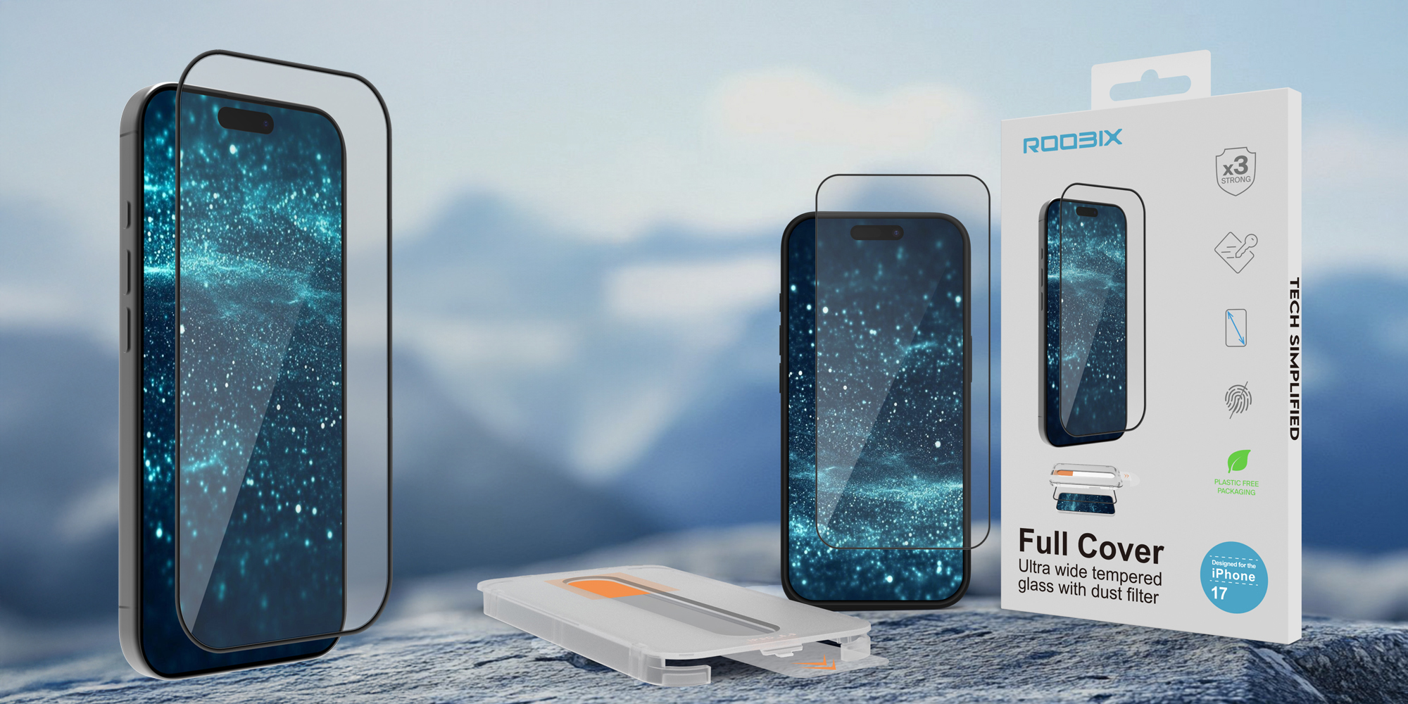 width=100% Szkło Roobix Full Cover do iPhone 17 Pro 2.5D 0,3mm - prezentacja zawartości zestawu i opakowania