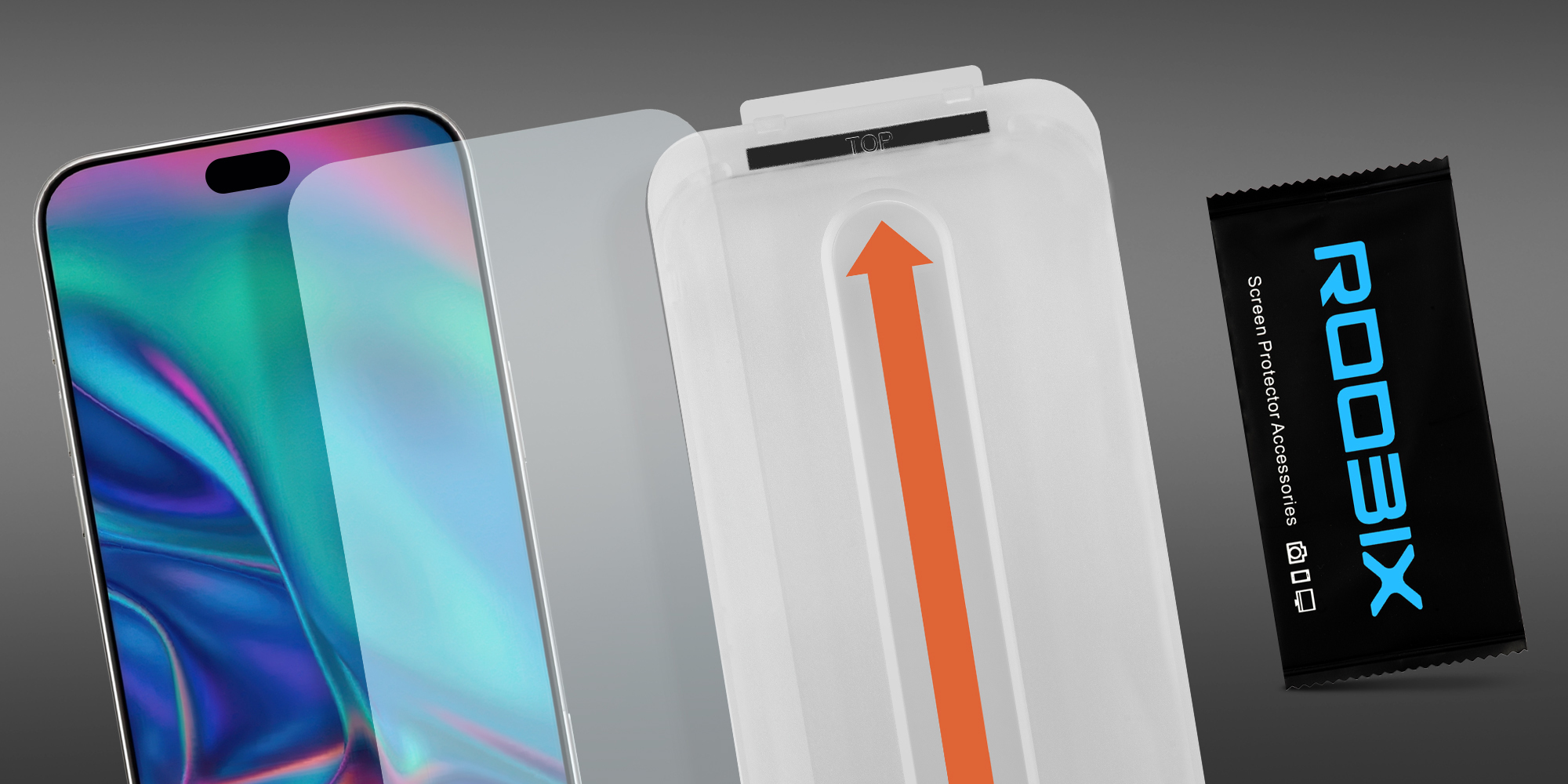 width=100% Szkło Roobix Super Clear do iPhone 17 Pro Max 2.5D 0,3mm prezentacja zawartości zestawu