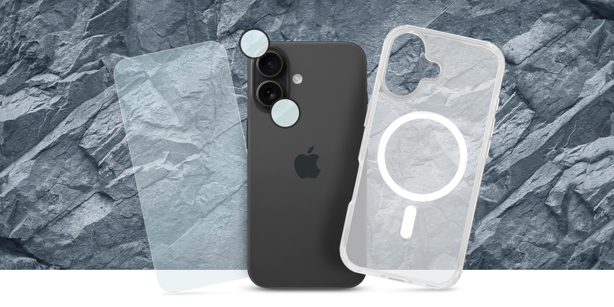 Zestaw Roobix 3w1 Combo do iPhone 17 (etui MagSafe + szkło + ochrona obiektywu) prezentacja zawartości pudełka i wizualizacja na smartfonie