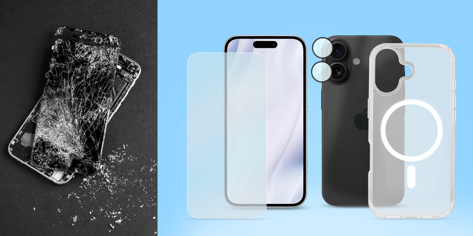 Zestaw Roobix 3w1 Combo do iPhone 17 (etui MagSafe + szkło + ochrona obiektywu) prezentacja zawartości pudełka i wizualizacja na smartfonie, obok roztrzaskane urządzenie na którym nie było elementów ochronnych