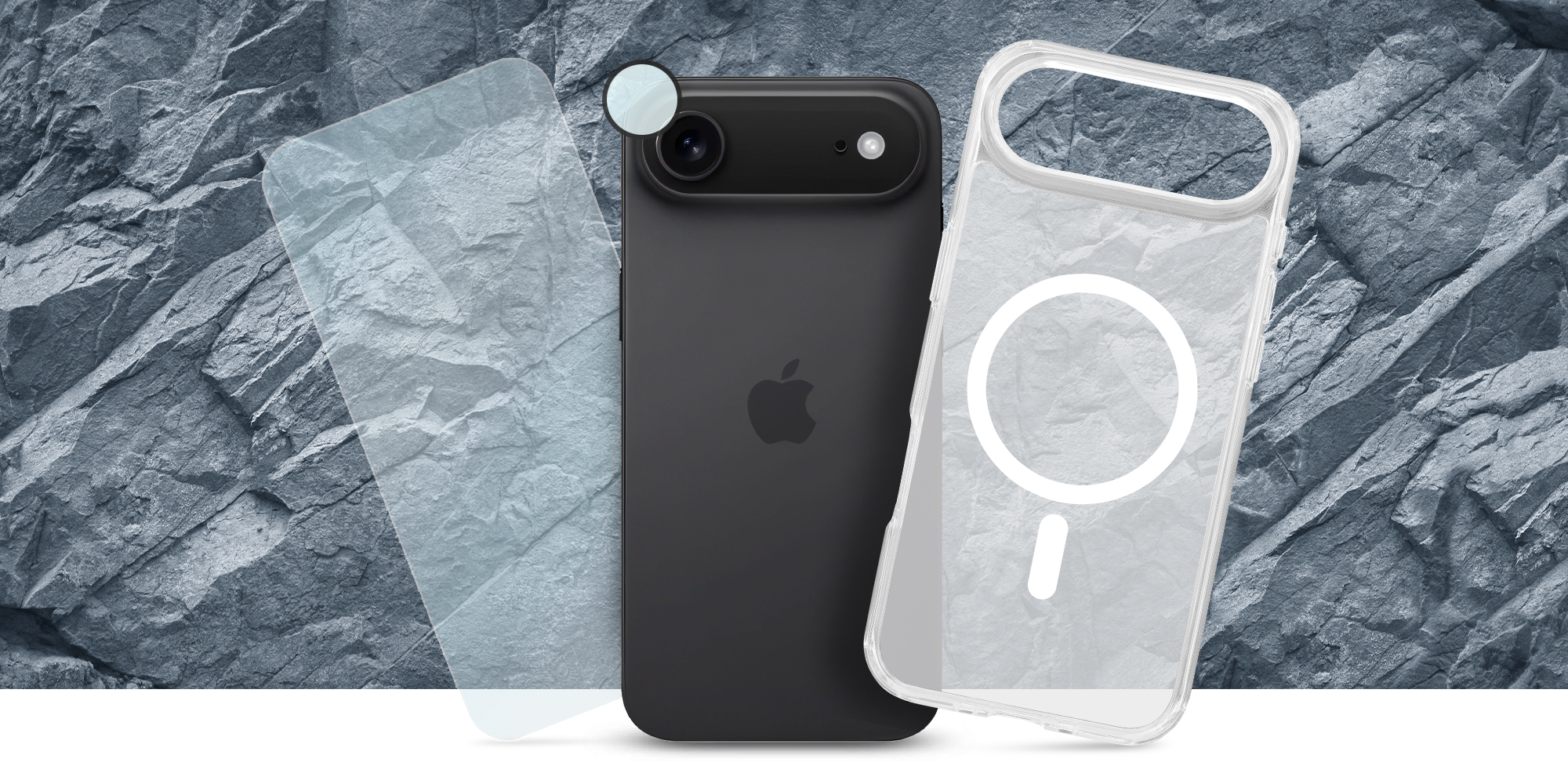 Zestaw Roobix 3w1 Combo do iPhone 17 (etui MagSafe + szkło + ochrona obiektywu) prezentacja zawartości pudełka i wizualizacja na smartfonie