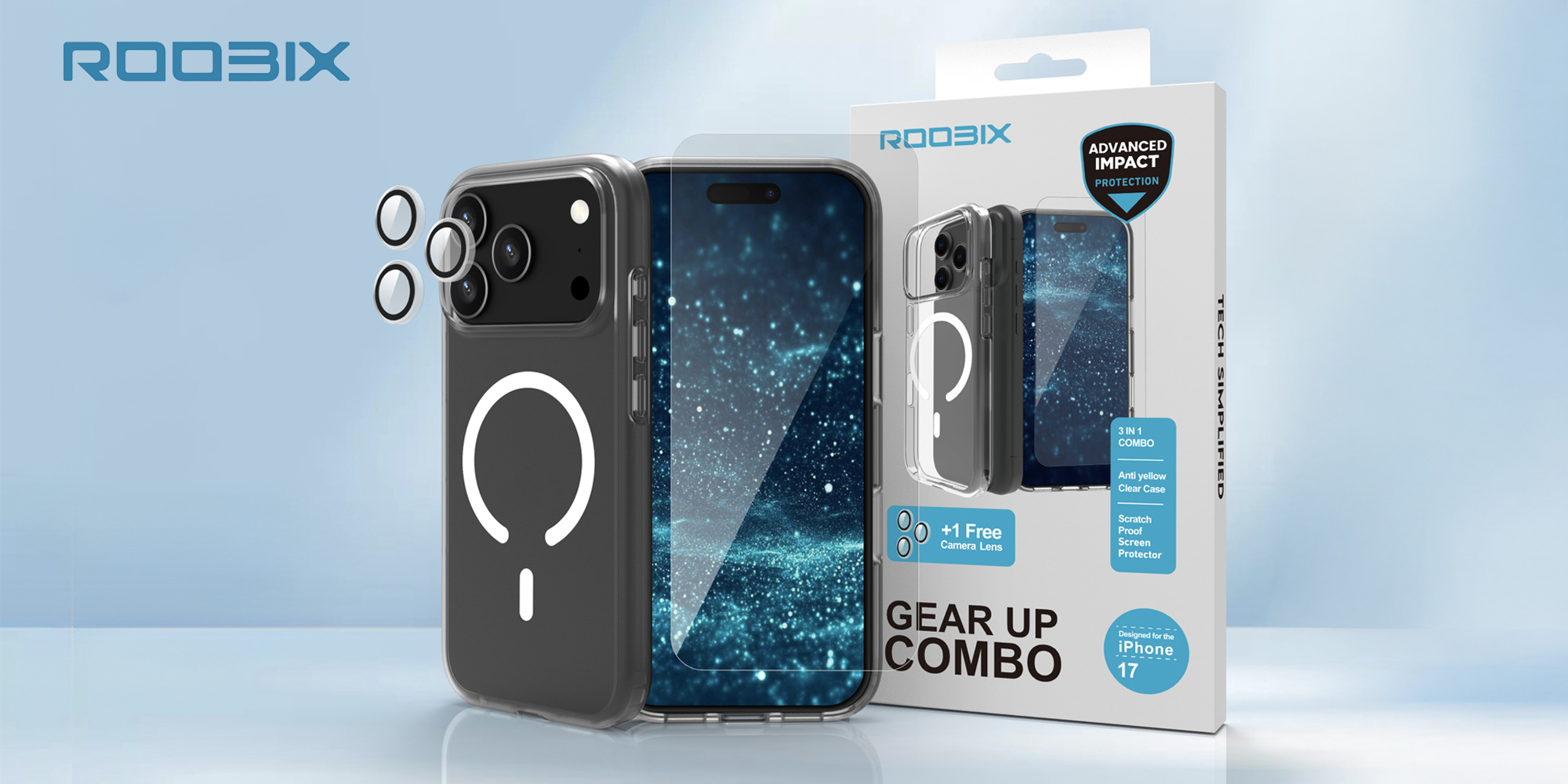 Zestaw Roobix 3w1 Combo do iPhone 17 (etui MagSafe + szkło + ochrona obiektywu) prezentacja zawartości pudełka i wizualizacja na smartfonie
