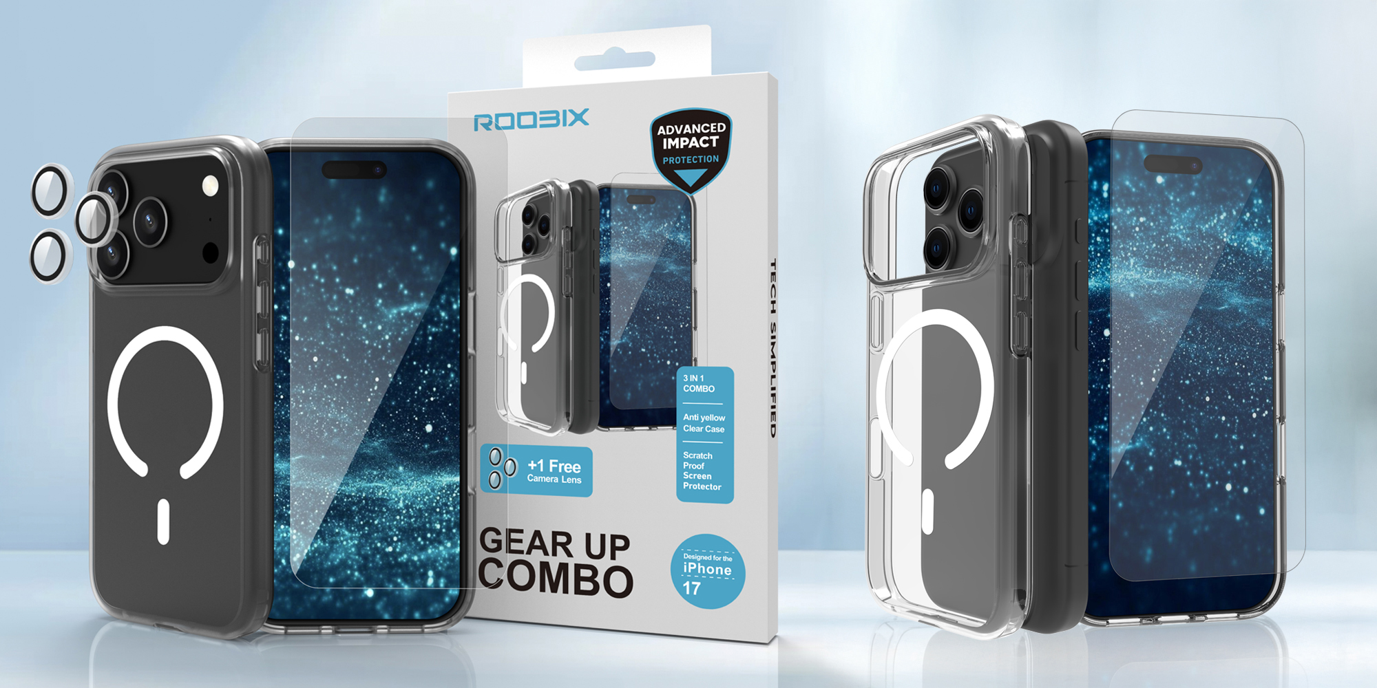 Zestaw Roobix 3w1 Combo do iPhone 17 (etui MagSafe + szkło + ochrona obiektywu) prezentacja zawartości pudełka i wizualizacja na smartfonach