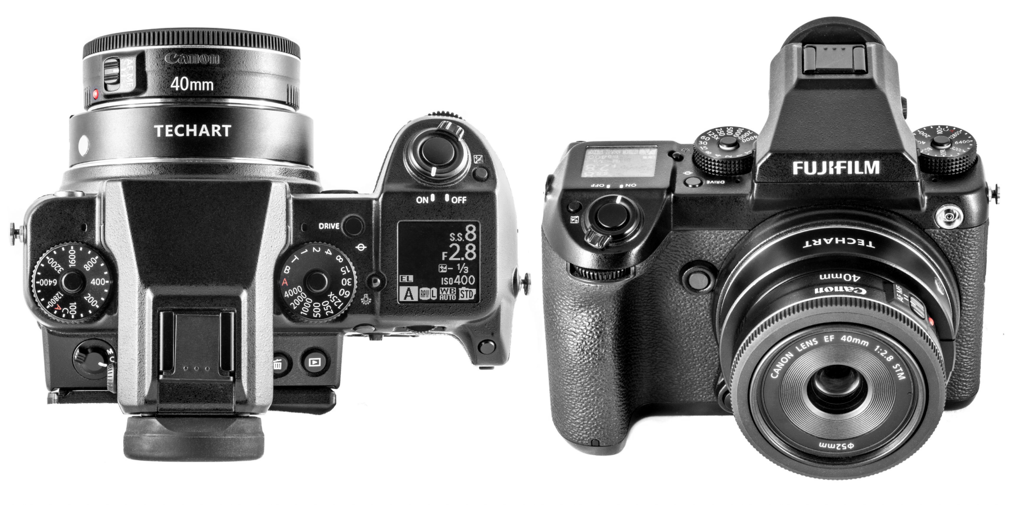 Adapter bagnetowy Techart EF-FG01 zamocowany na aparacie Fujifilm z obiektywem Canon 40 mm f/2,8 STM