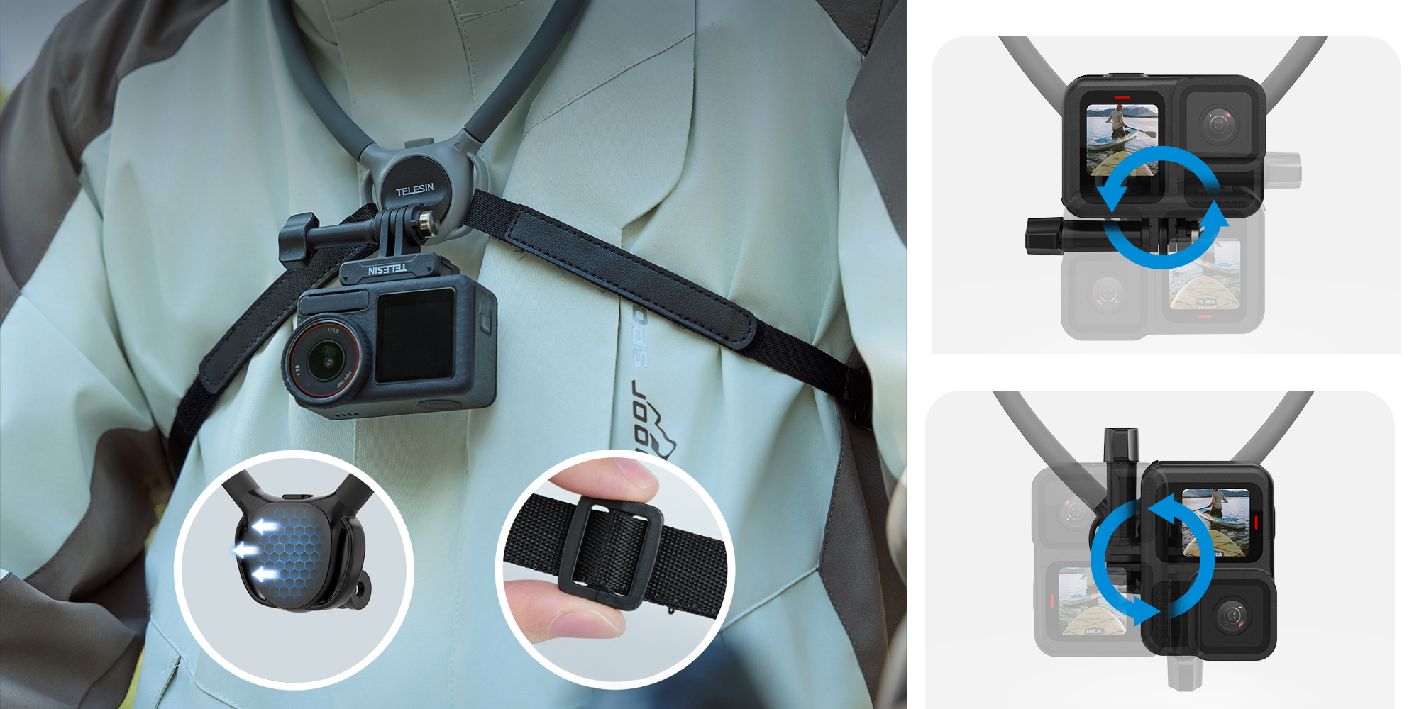 width=100% Opaska na szyję Telesin S2-HNB-09-GY do kamer sportowych - szara