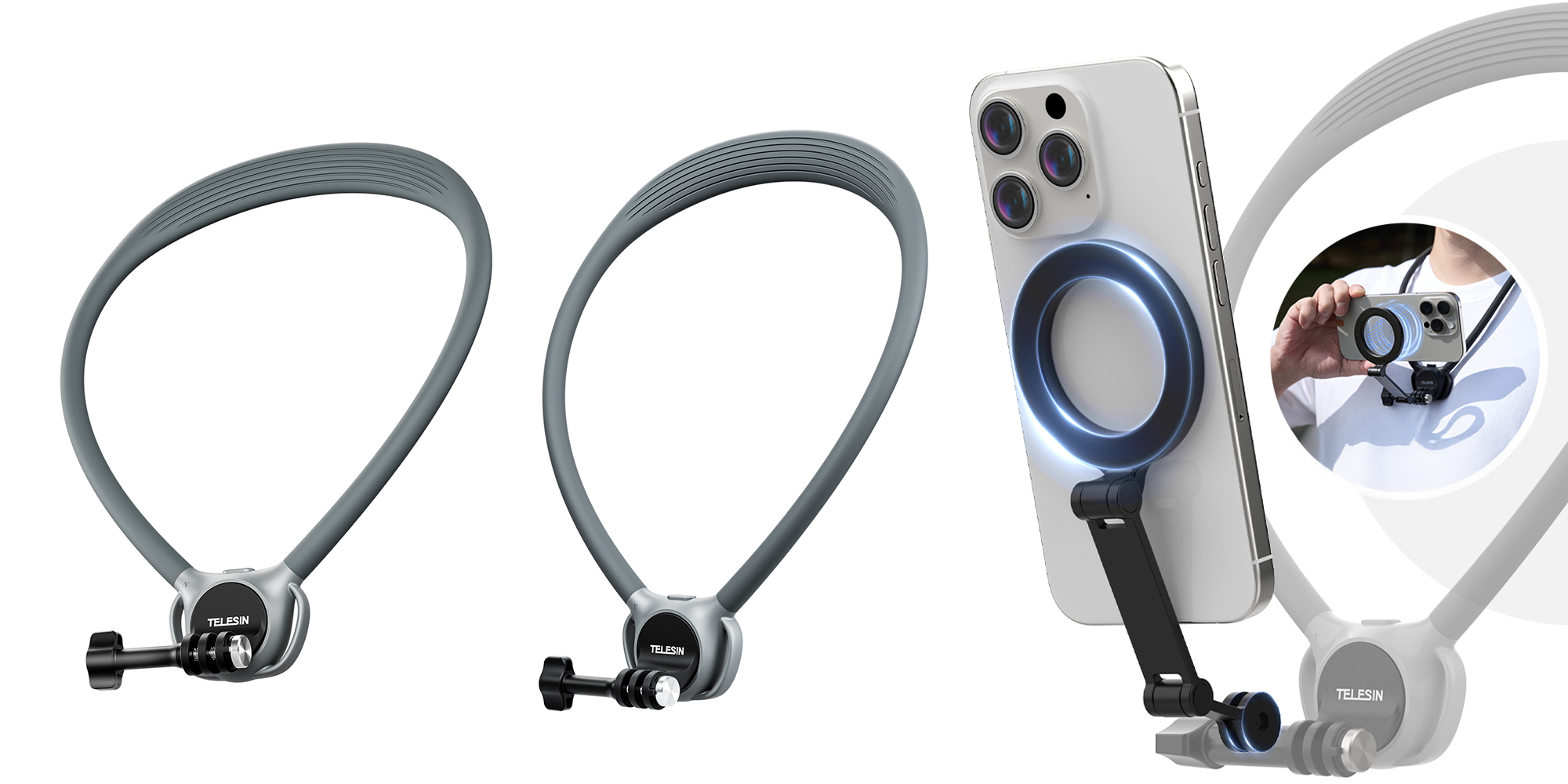 width=100% Opaska na szyję Telesin S2-HNB-09-GY do kamer sportowych - szara