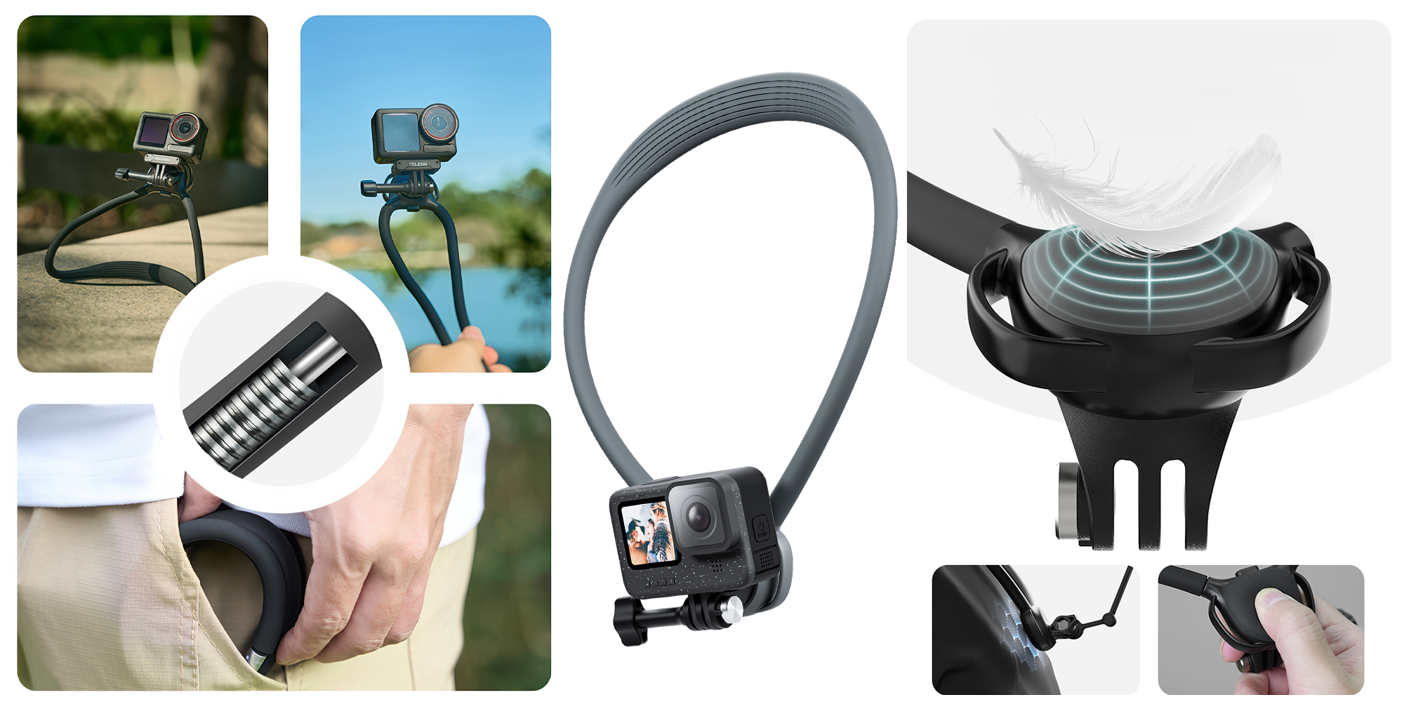 width=100% Opaska na szyję Telesin S2-HNB-09-GY do kamer sportowych - szara