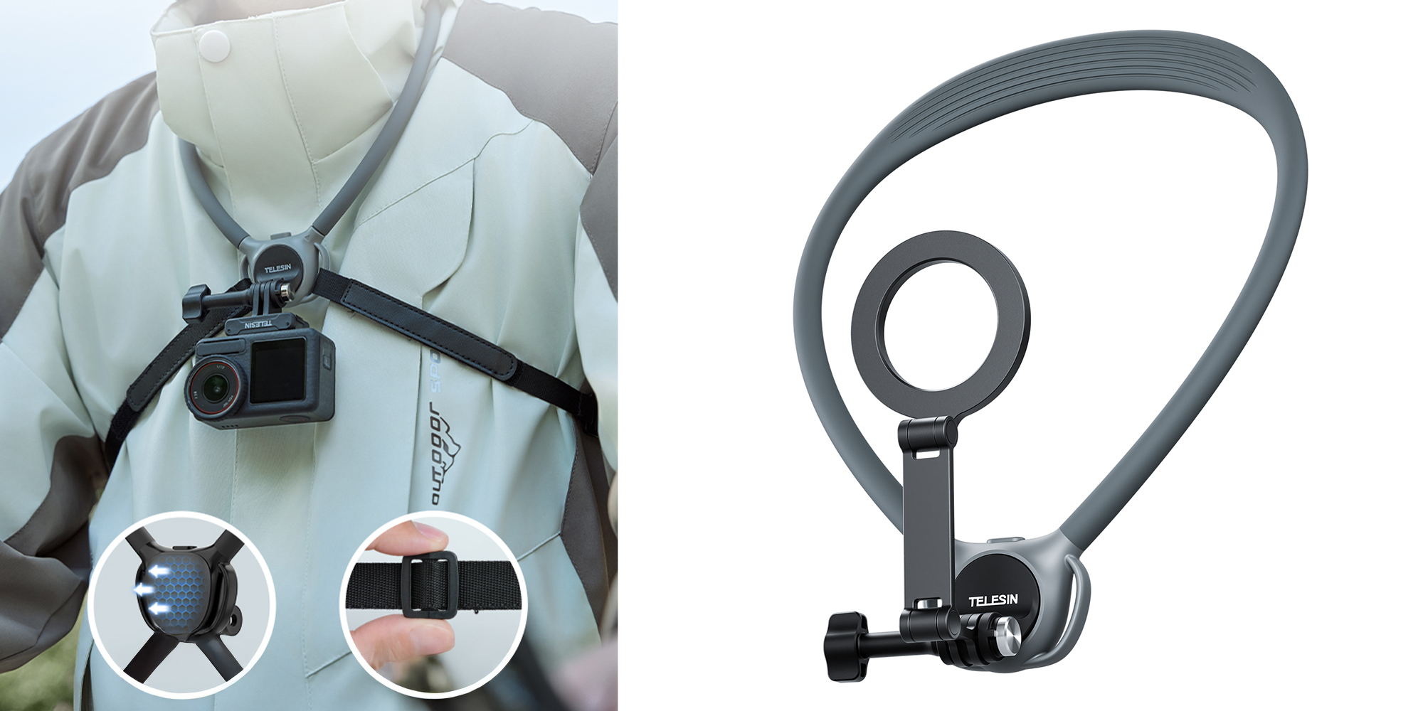 width=100% Opaska na szyję z uchwytem magnetycznym Telesin P2-HNB-02-GY - szara