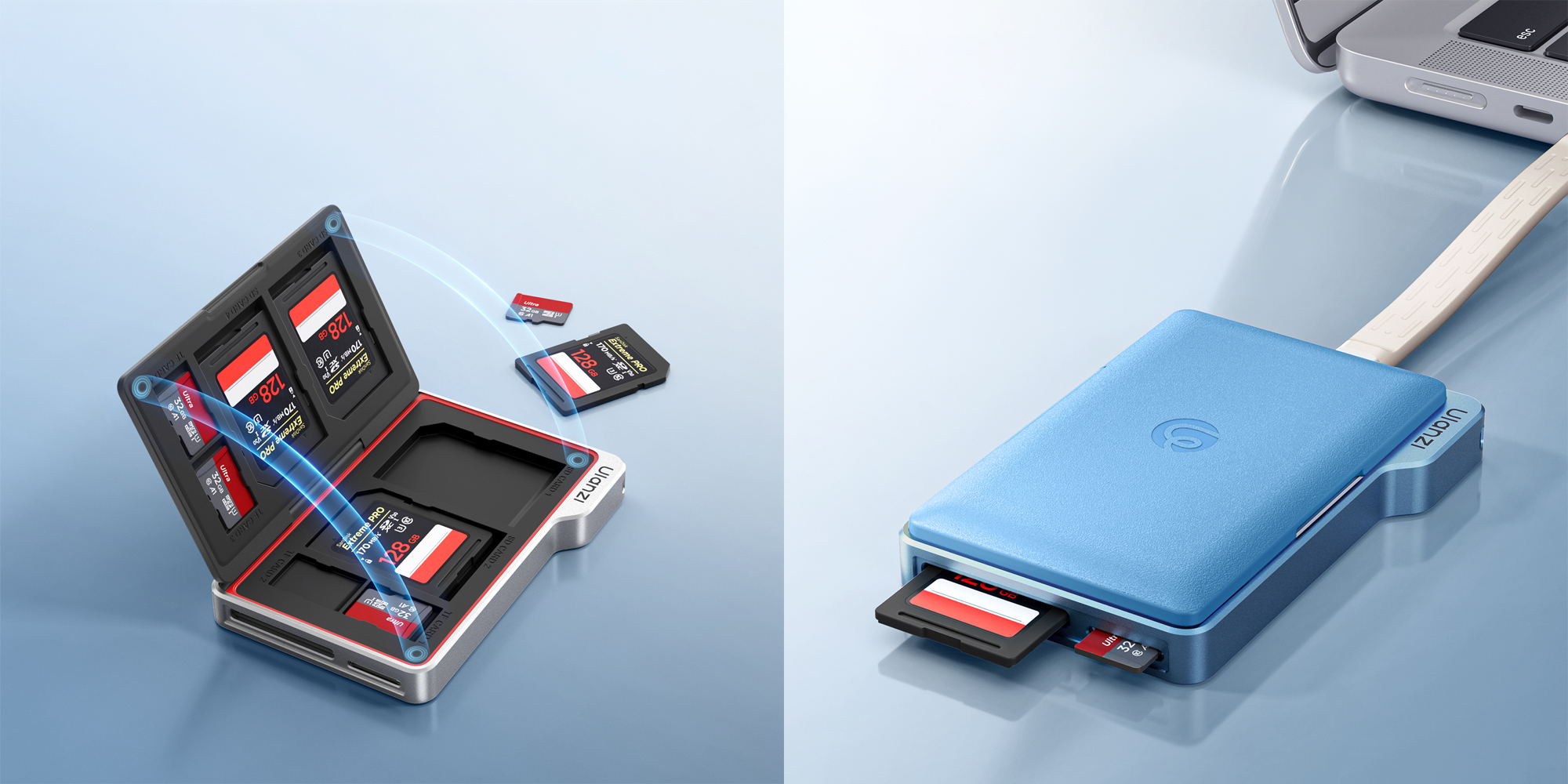 width=100% Etui na karty pamięci Ulanzi DC01 z czytnikiem kart SD i microSD - niebieskie