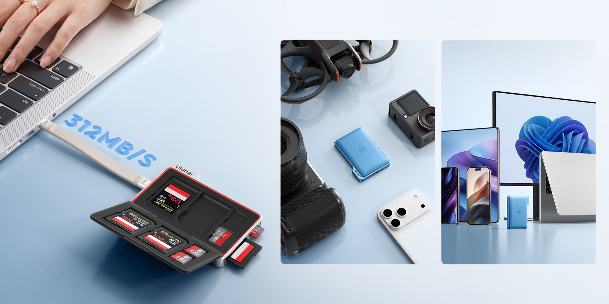 width=100% Etui na karty pamięci Ulanzi DC01 z czytnikiem kart SD i microSD - niebieskie