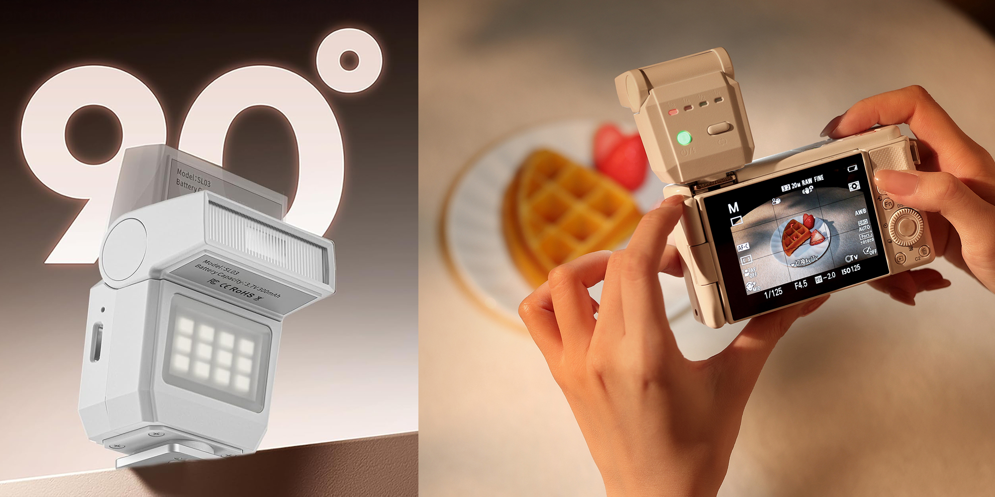 width=100% Lampa błyskowa Ulanzi SL03 - biała na 2 zdjęciach - w trakcie użytkowania oraz z prezentacją kąta nachylenia