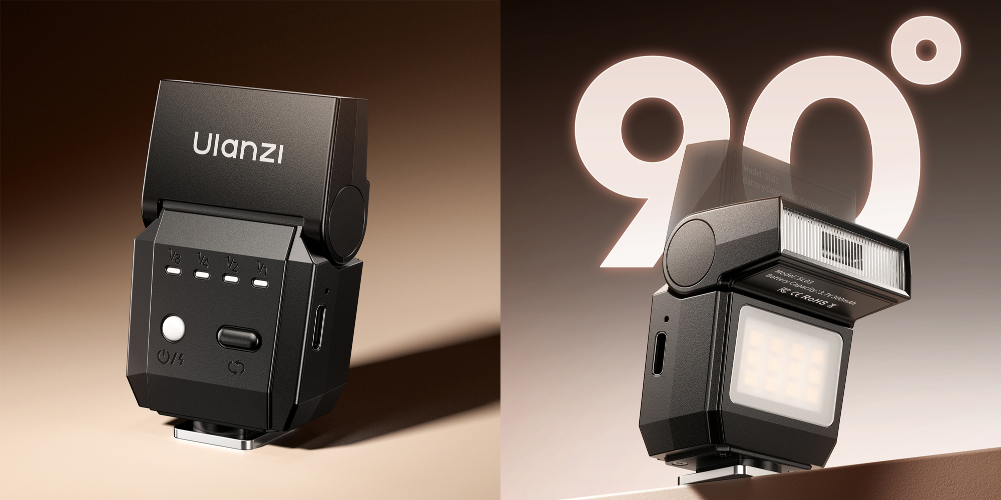 width=100% Lampa błyskowa Ulanzi SL03 - czarna zaprezentowana na 2 zdjęciach produktowych