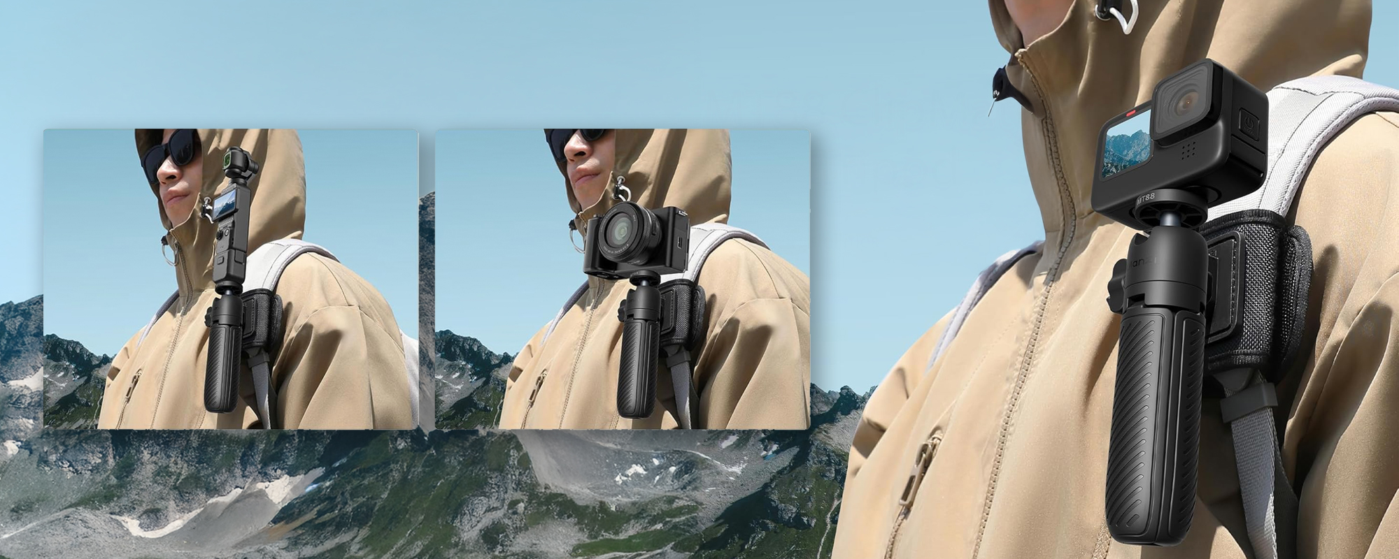 width=100% Statyw Ulanzi MT-88 przypięty do szelki plecaka który ma na sobie osoba w kurtce z kapturem