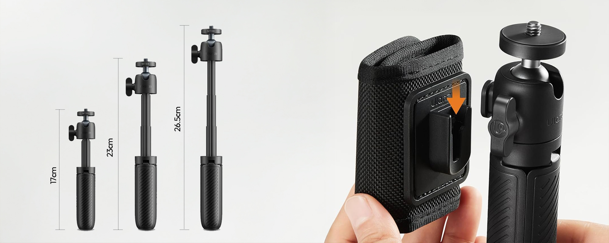 width=100% Statyw Ulanzi MT-88 - prezentacja długości oraz mocowania na szelkę plecaka