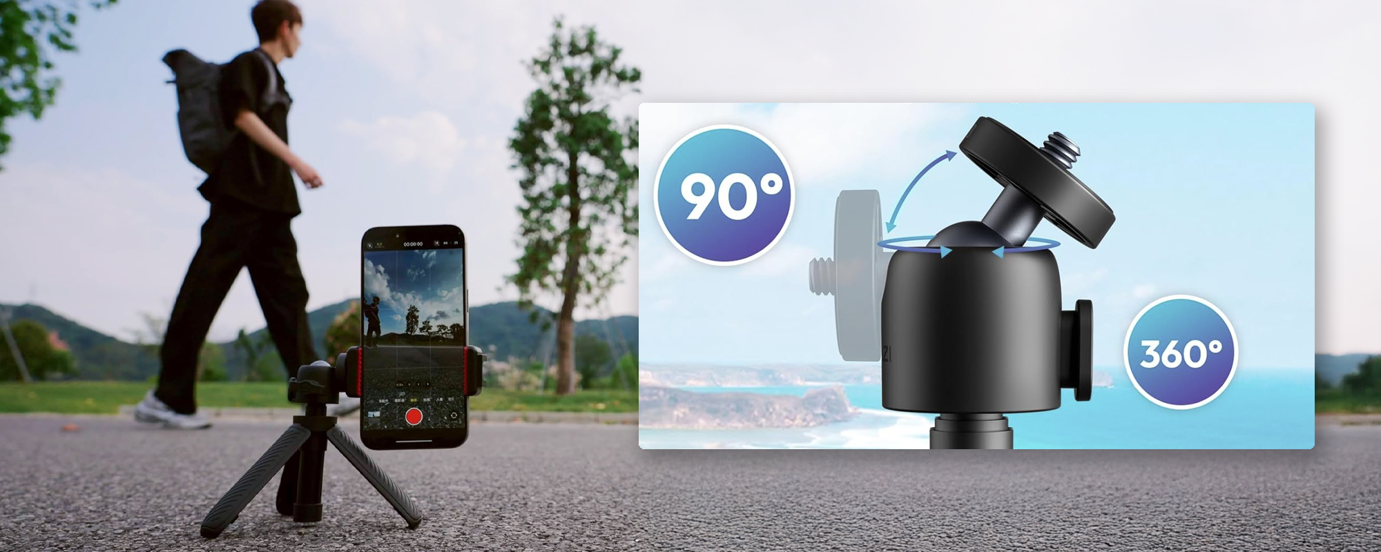 width=100% Statyw Ulanzi MT-88 ustawiony na chodniku obok ilustracja prezentująca działanie głowicy