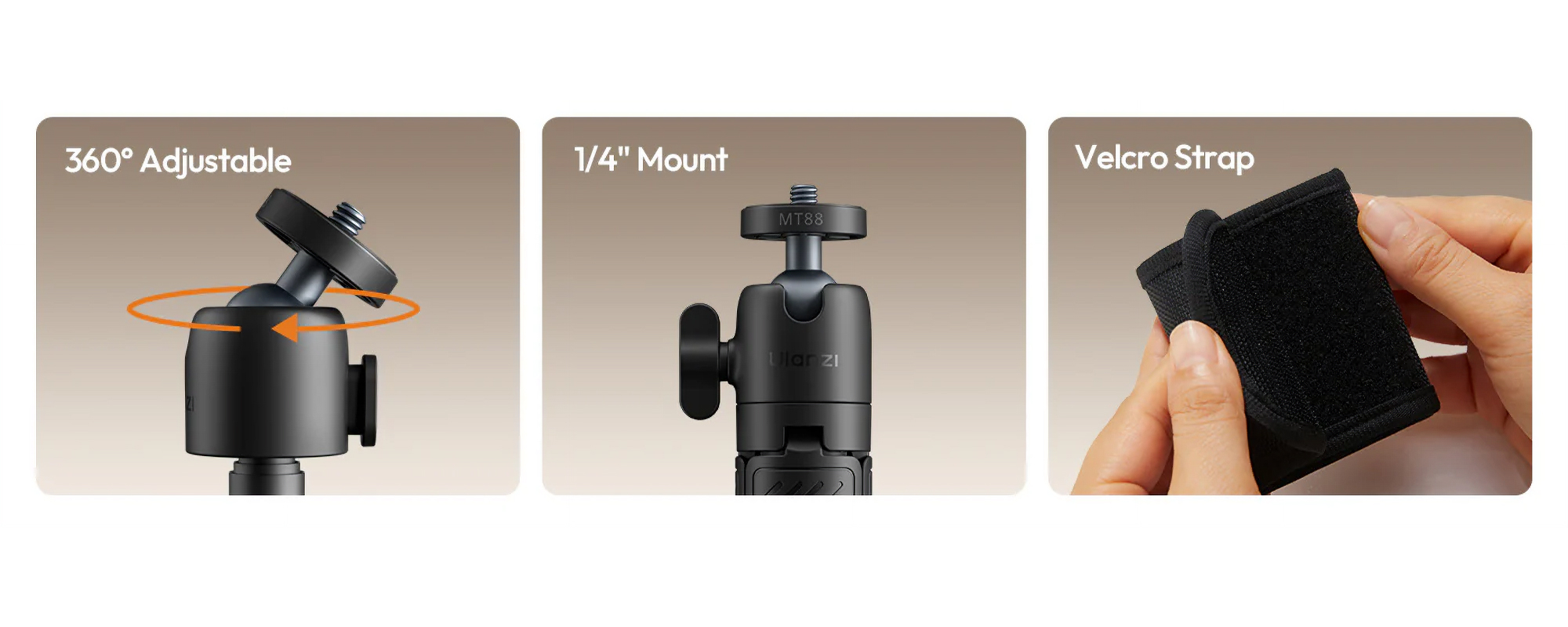 width=100% Statyw Ulanzi MT-88 - prezentacja głowicy oraz mocowania na szelkę plecaka
