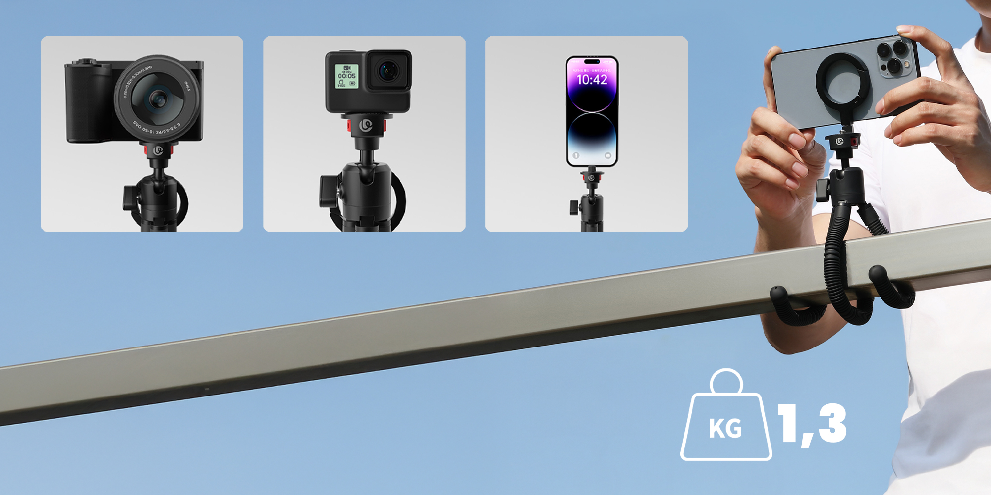 width=100% Statyw elastyczny Ulanzi MT30 w połączeniu z aparatem, kamerą sportową i smartfonem