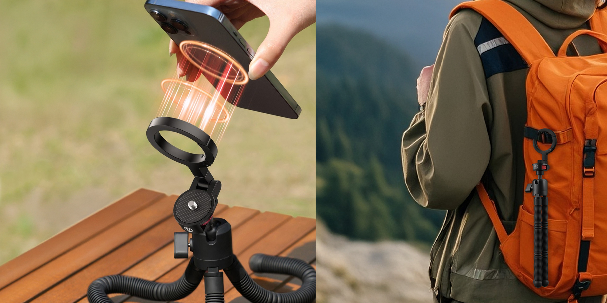 width=100% Statyw elastyczny Ulanzi MT30 - prezentacja działania magnesu i możliwości przypięcia do plecaka za pomocą karabińczyka