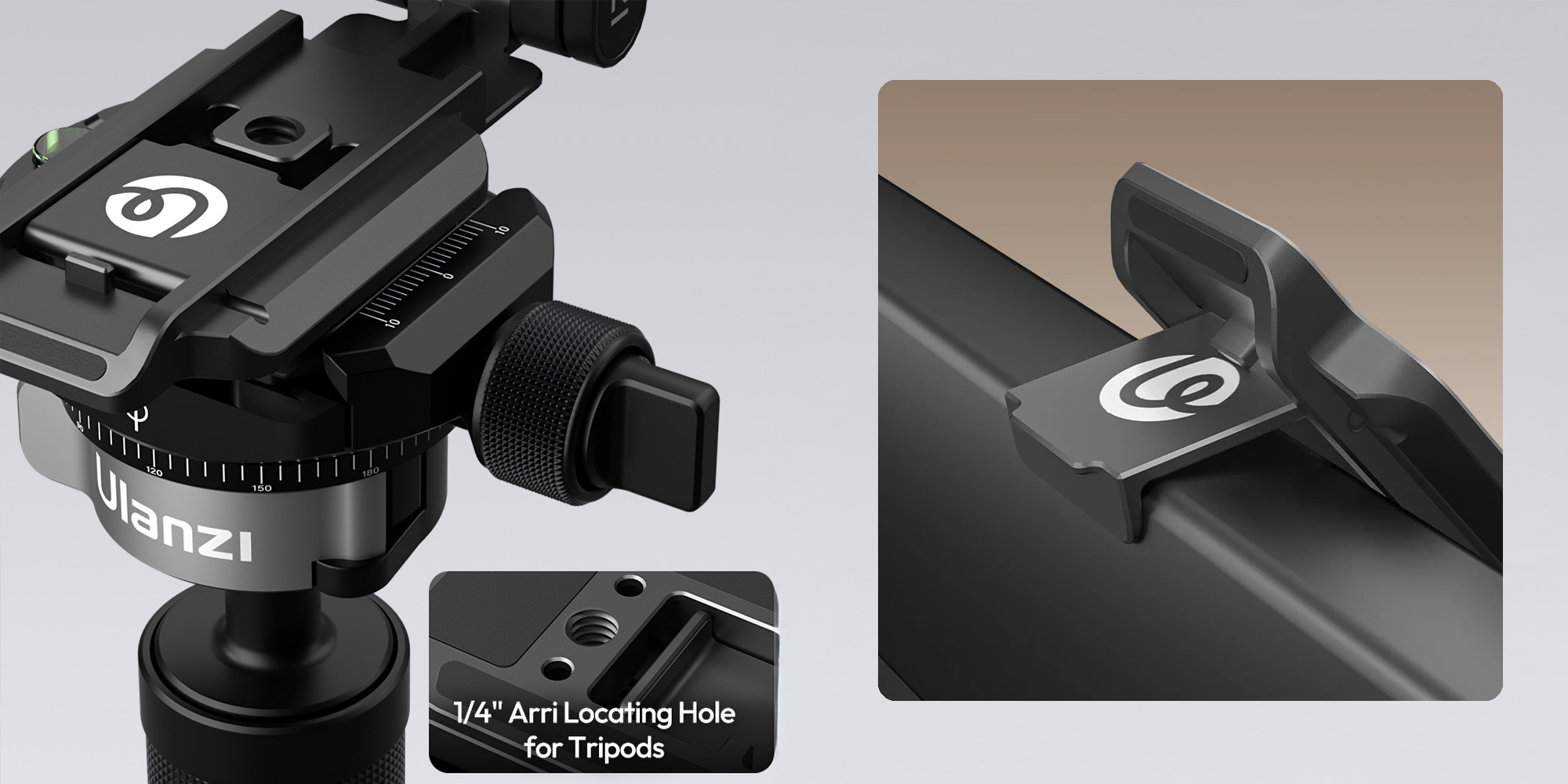 width=100% Uchwyt do smartfona Ulanzi MA38 zainstalowany na statywie za pomocą mocowania Arca Swiss oraz zawieszony na monitorze