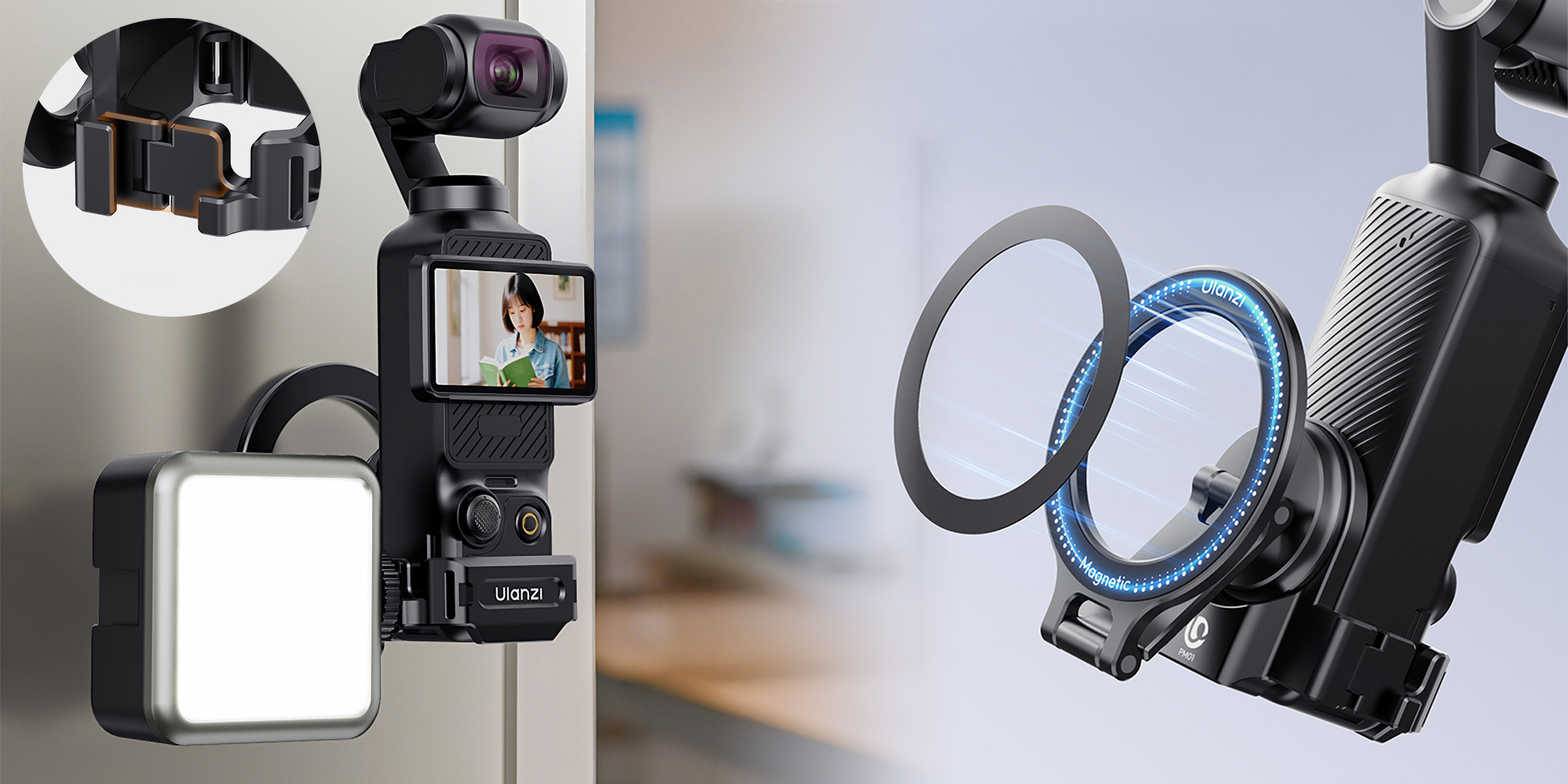 width=100% Uchwyt montażowy Ulanzi PM01 Magsafe do Osmo Pocket 3 prezentacja sposobów mocowania