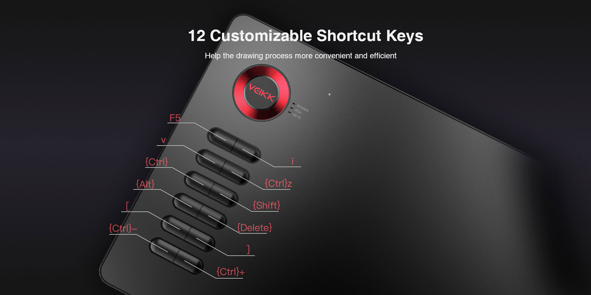 Graphic showing an example of the assignment of keyboard shortcuts to the programmable buttons of the Veikk graphics tablet