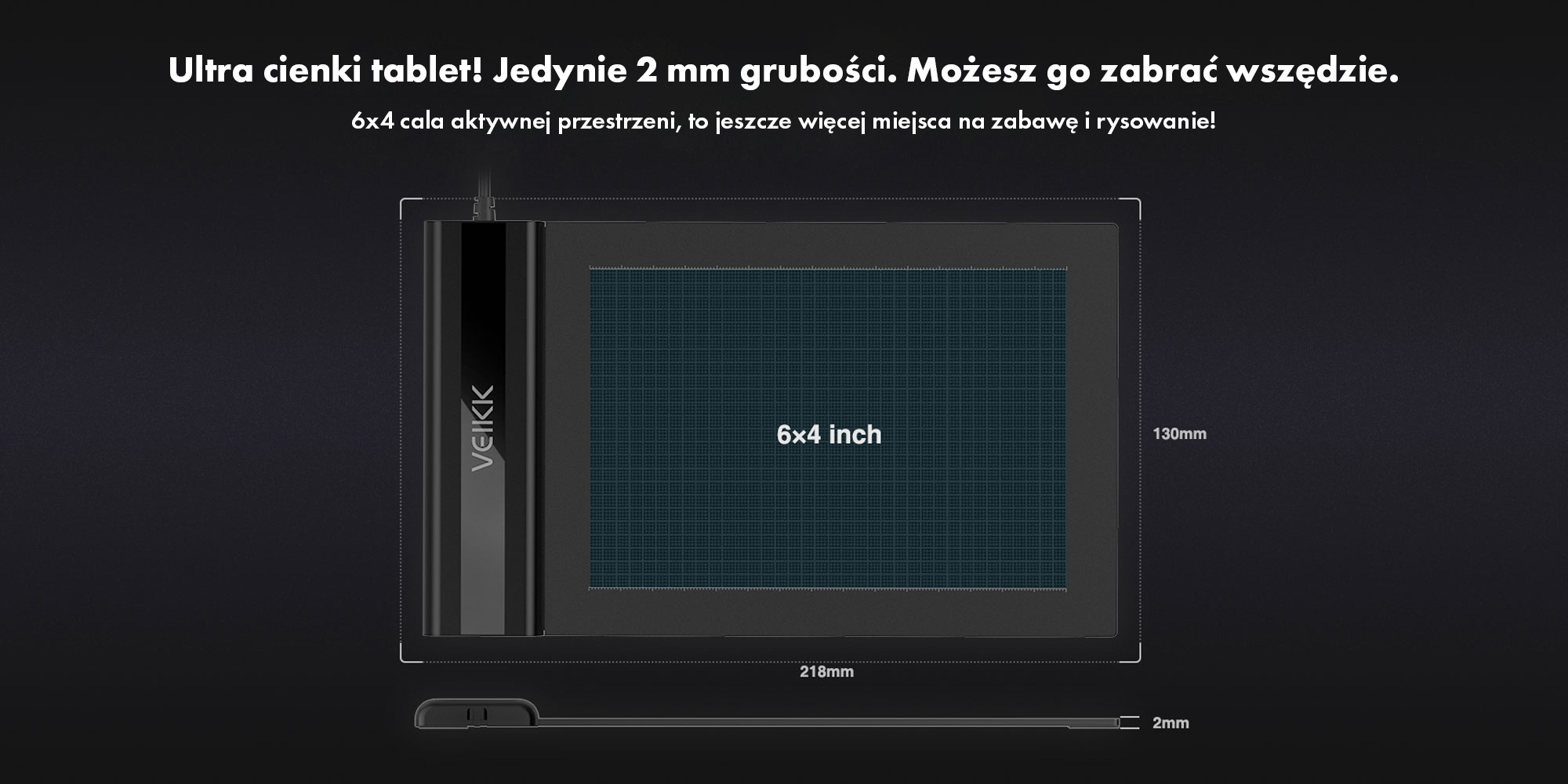 Grafika prezentująca wymiary tabletu graficznego Veikk S640