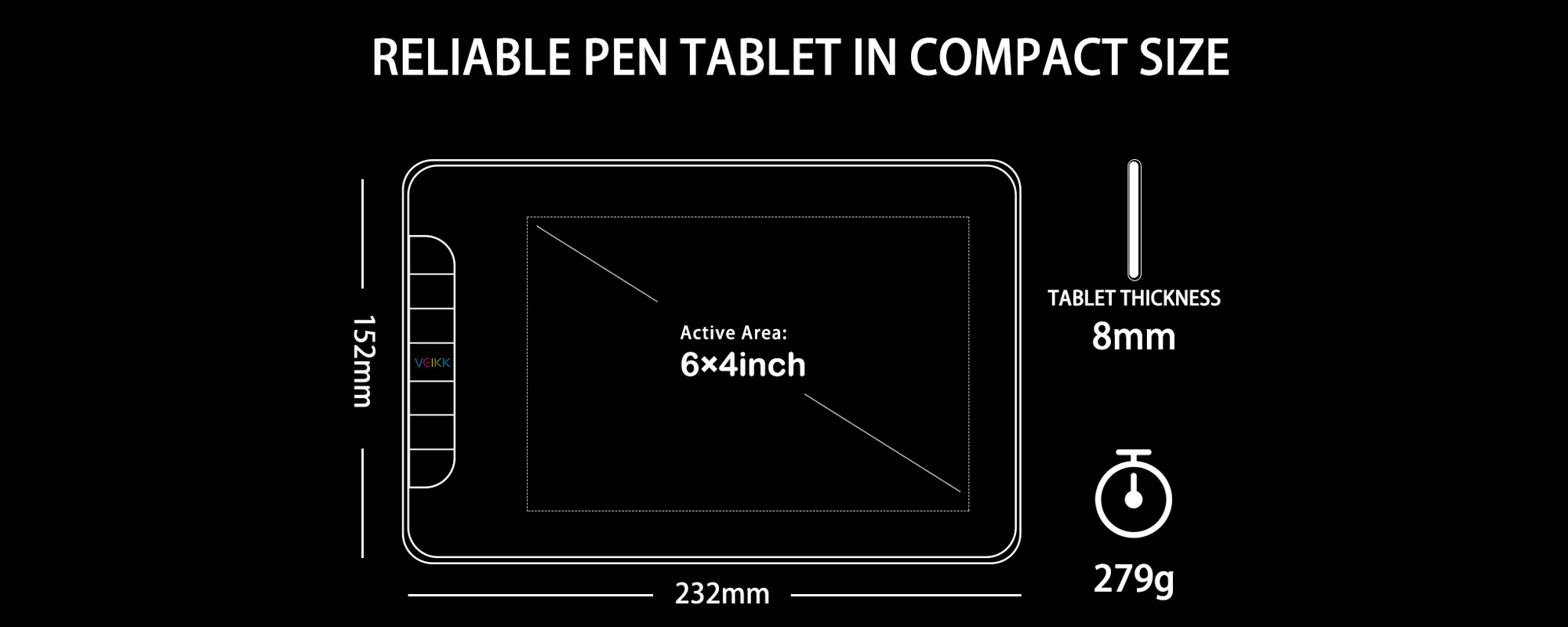 Grafika prezentująca wymiary tabletu graficznego Veikk VK640