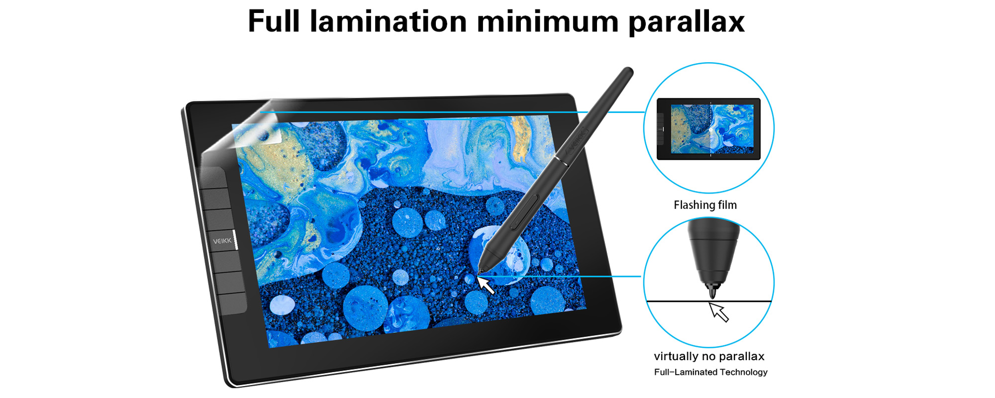 Grafika prezentująca laminowany ekran tabletu graficznego z ekranem LCD Veikk VK1200