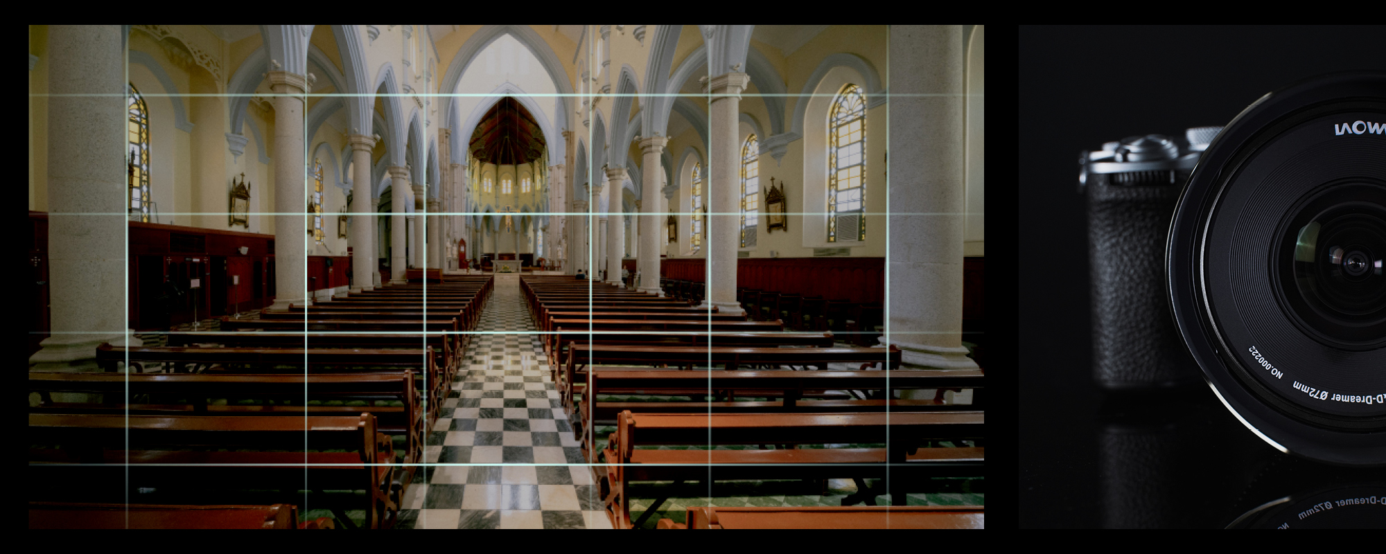 Obiektyw Laowa 12 mm f/2,8 Lite Zero-D FF z AF - Nikon Z obok zdjęcia wnętrza kościoła