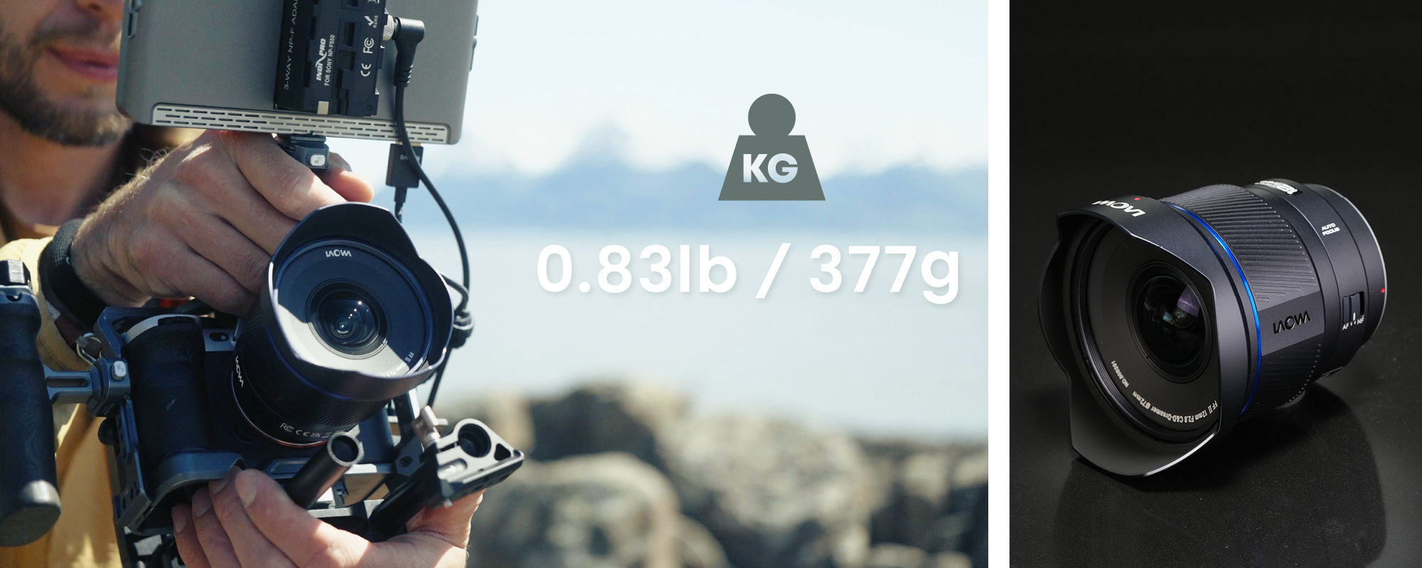 Obiektyw Laowa 12 mm f/2,8 Lite Zero-D FF z AF - Sony E na aparacie, który jest zamocowany w klatce operatorskiej, obok informacja o wadze 377 g