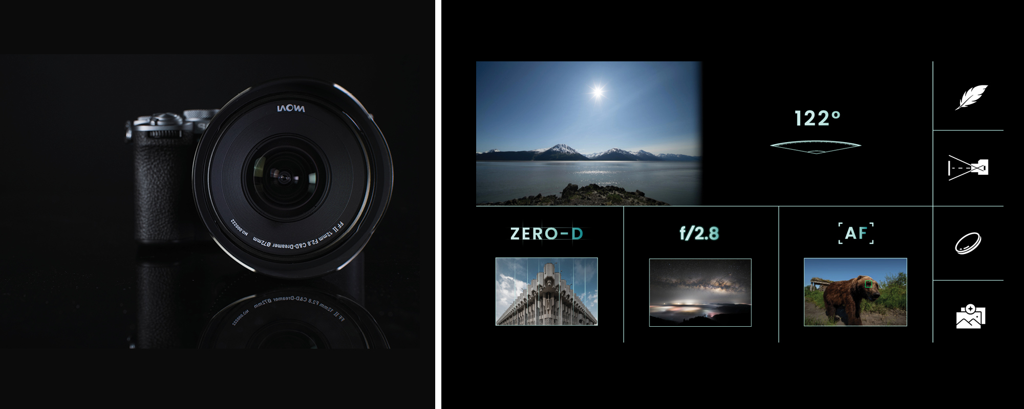 Obiektyw Laowa 12 mm f/2,8 Lite Zero-D FF z AF - Sony E obok informacji o parametrach