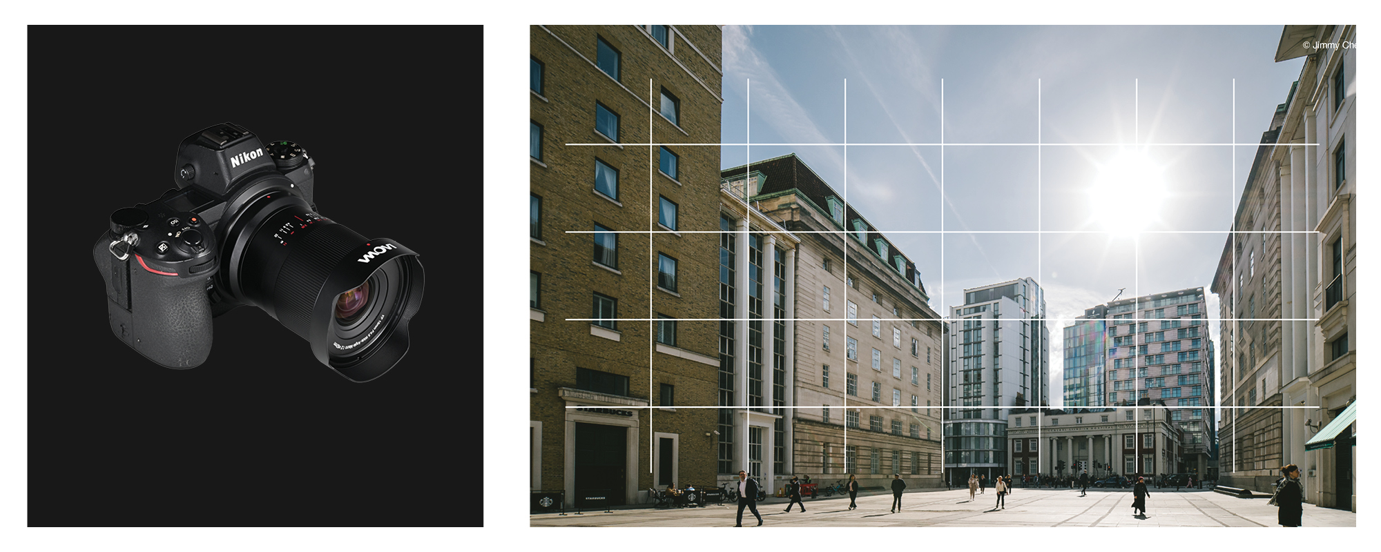 Obiektyw Laowa 15 mm f/4,5 0,5x Macro do Nikon Z na fotografii produktowej na aparacie, obok zdjęcie architektoniczne