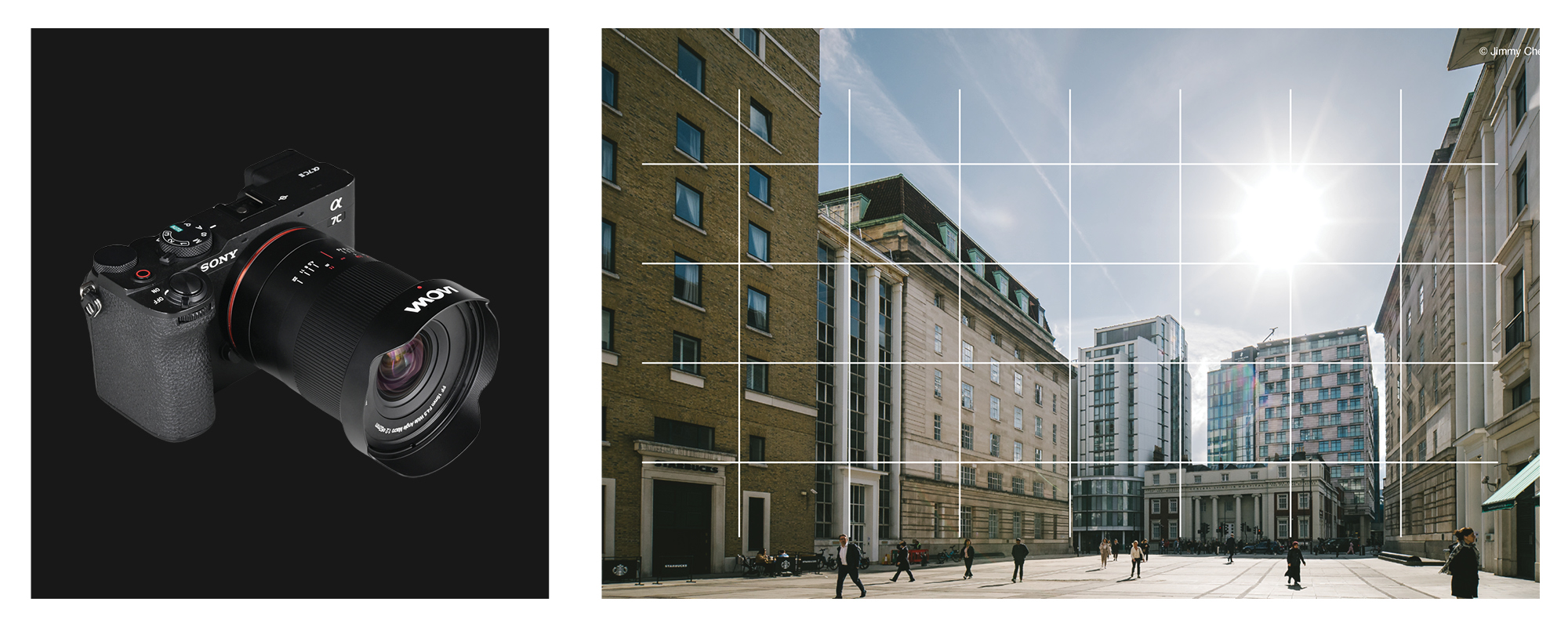 Obiektyw Laowa 15 mm f/4,5 0,5x Macro do Sony E na aparacie, obok zdjęcie architektoniczne