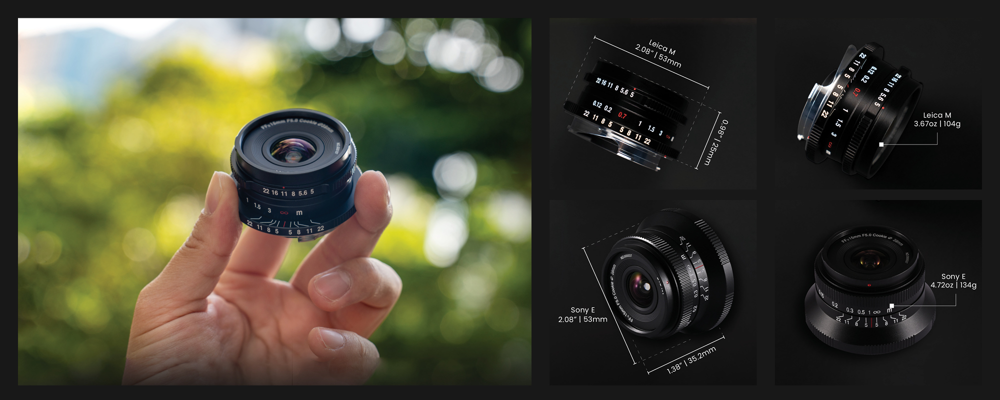 width=100% Obiektyw Laowa 15 mm f/5,0 FF Cookie do Sony E trzymany w dłoni