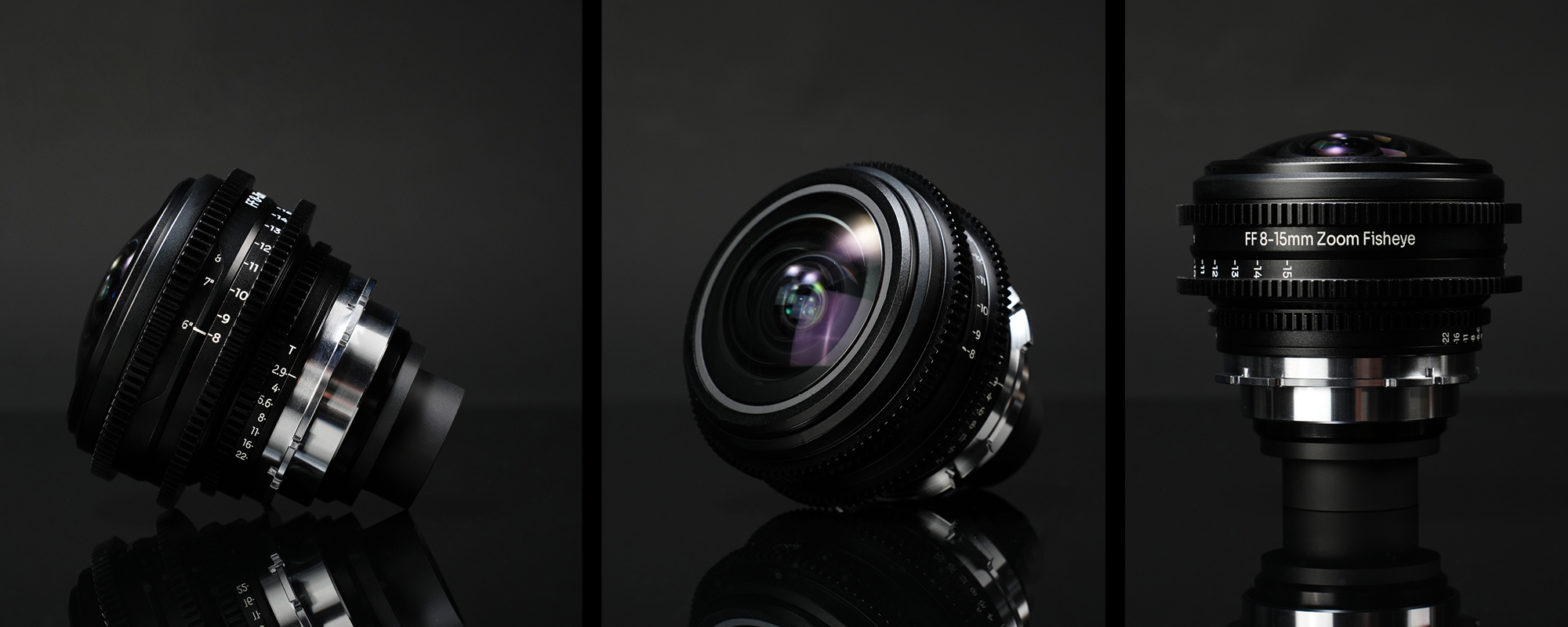 Obiektyw Laowa 8-15 mm T2,9 FF Zoom Fisheye Cine do Arri PL prezentacja z 3 różnych stron na zdjęciach produktowych