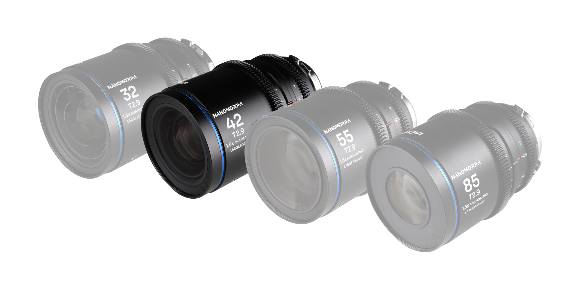 Obiektyw Laowa Nanomorph 42 mm T2,9 1,5x LF Blue do Arri PL / Canon EF obok wariantów 32, 55 i 85 mm