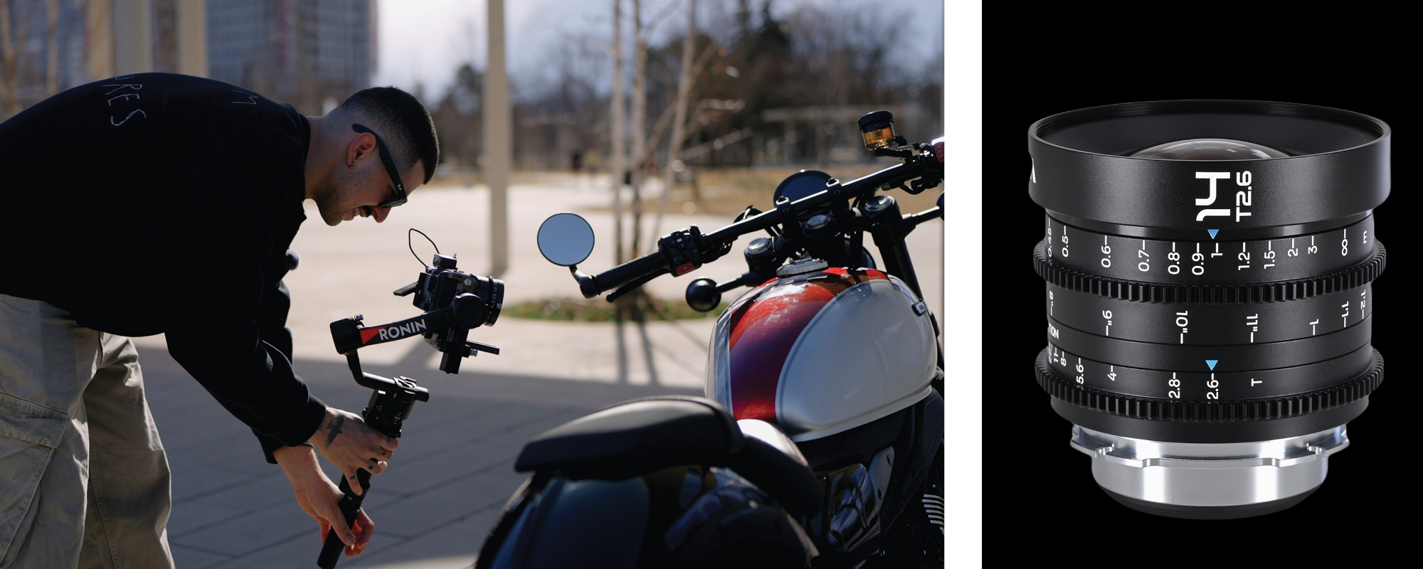 width=100% Obiektyw Laowa VV 14mm T2,6 Zero-D Cine - Arri PL - zdjęcie produktowe oraz zjdęcie przedstawiające operatora z aparatem i gimbalem Ronin